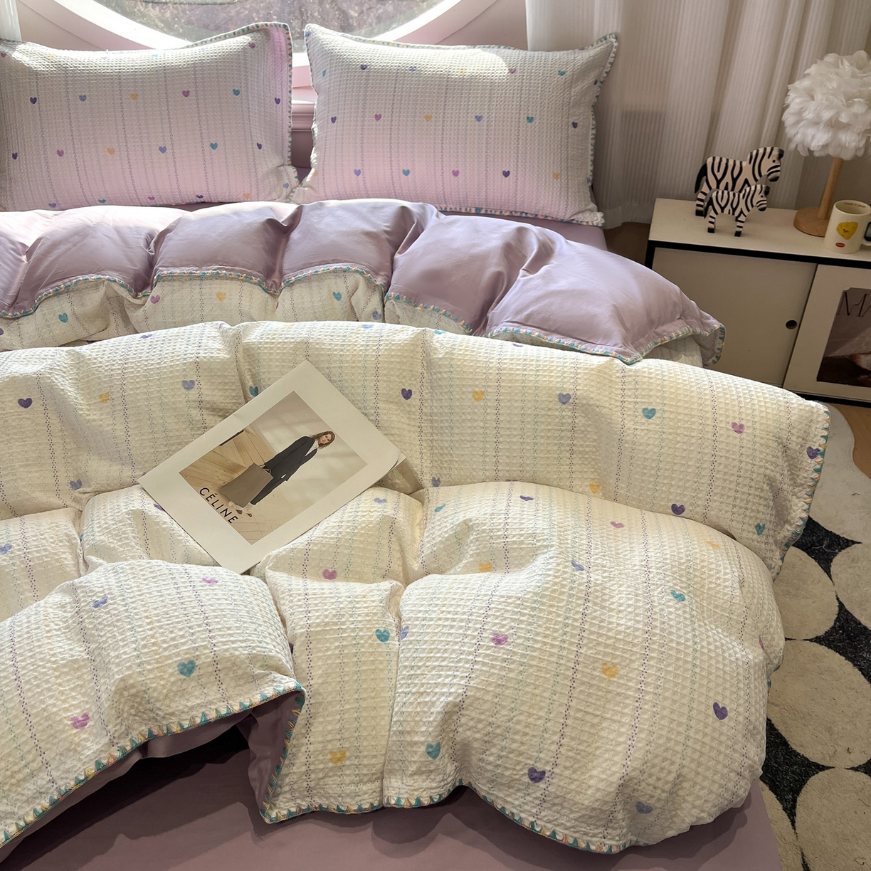 91家纺网 家纺一手货源 找家纺 如一 2026新款全棉华夫格三角针工艺四件套 彩心-紫