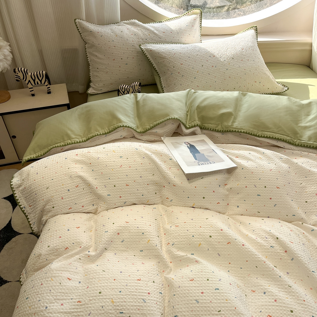 91家纺网 家纺一手货源 找家纺 如一 2026新款全棉华夫格三角针工艺四件套 盛夏-绿