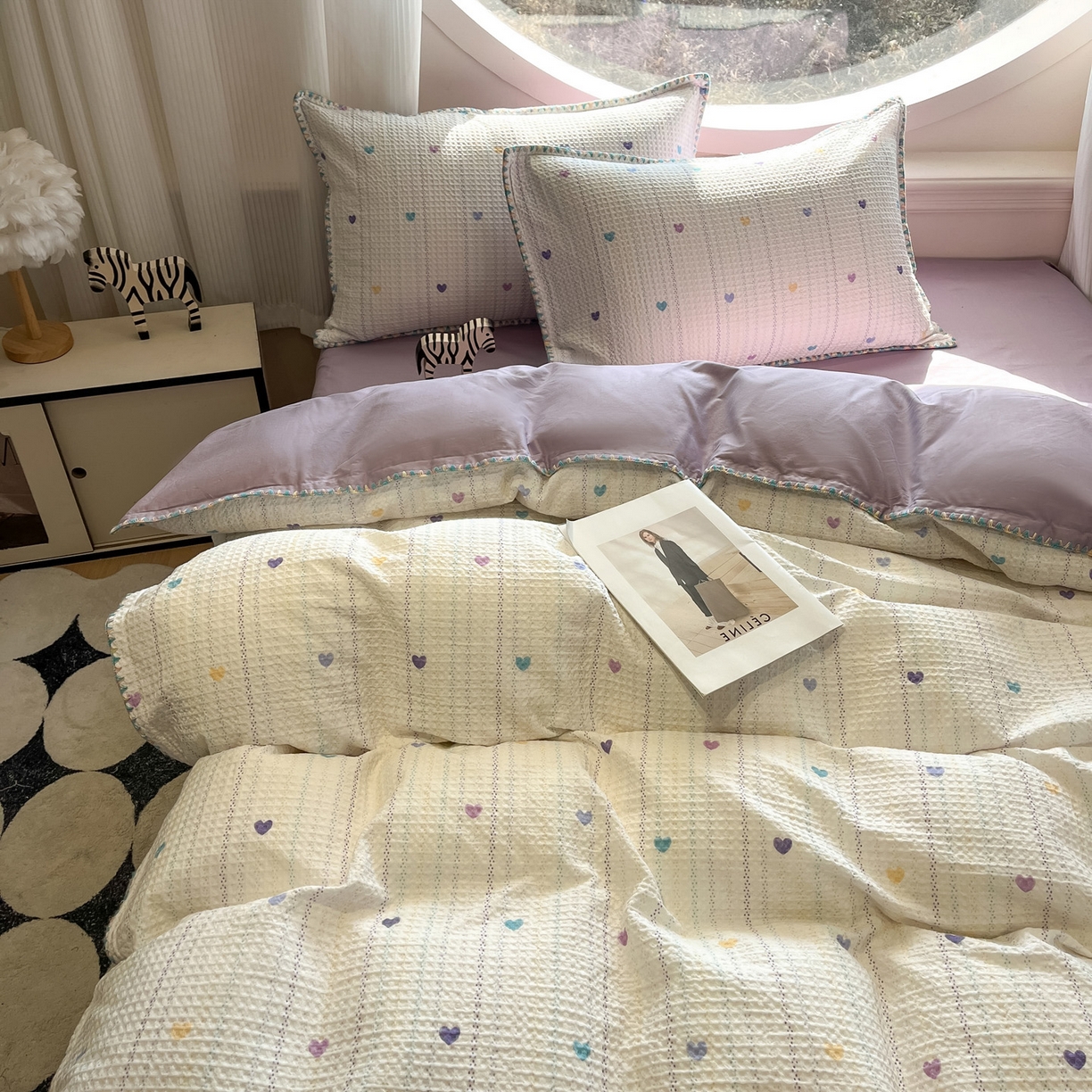 91家纺网 家纺一手货源 找家纺 如一 2026新款全棉华夫格三角针工艺四件套 彩心-紫