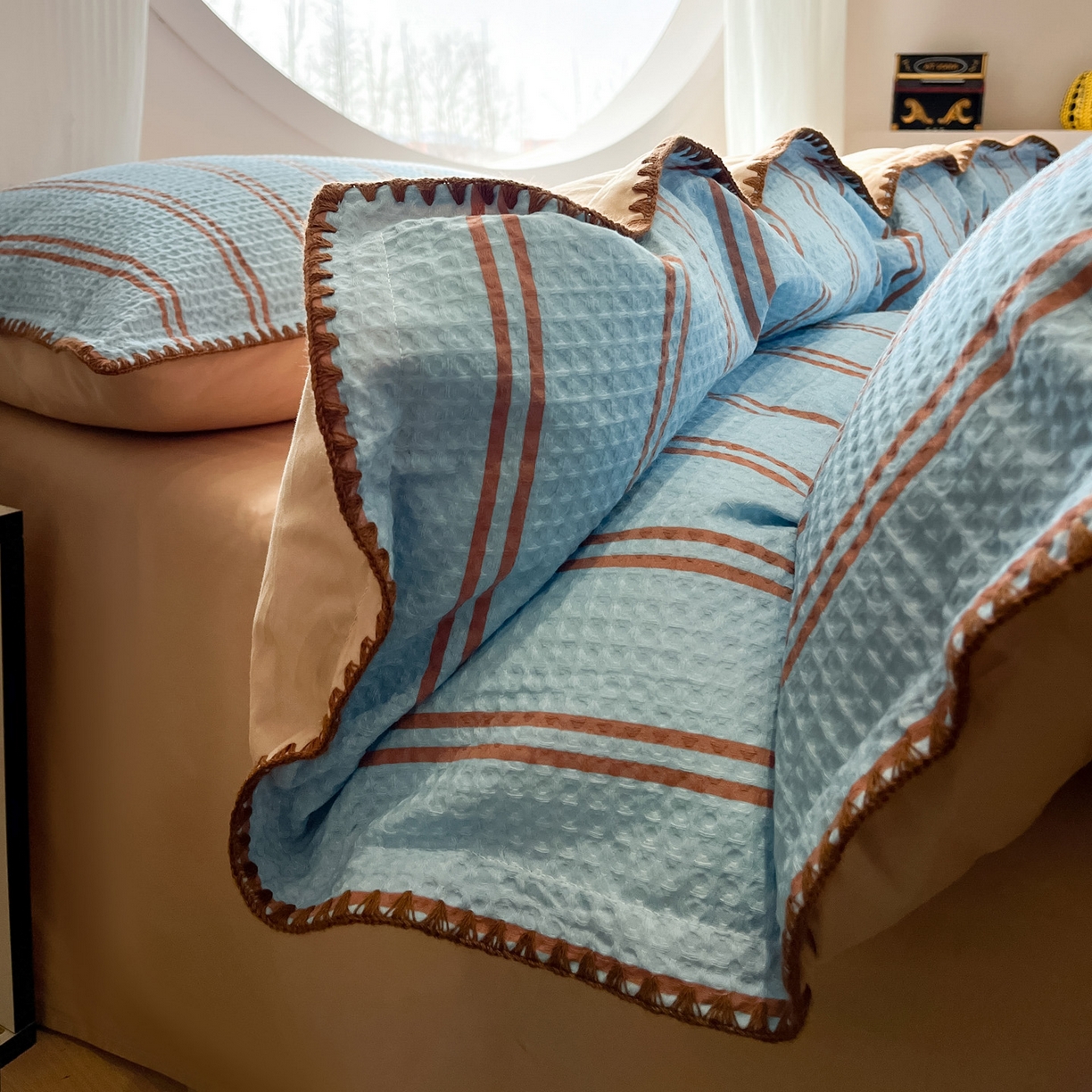 91家纺网 家纺一手货源 找家纺 如一 2026新款全棉华夫格三角针工艺四件套 风月-蓝