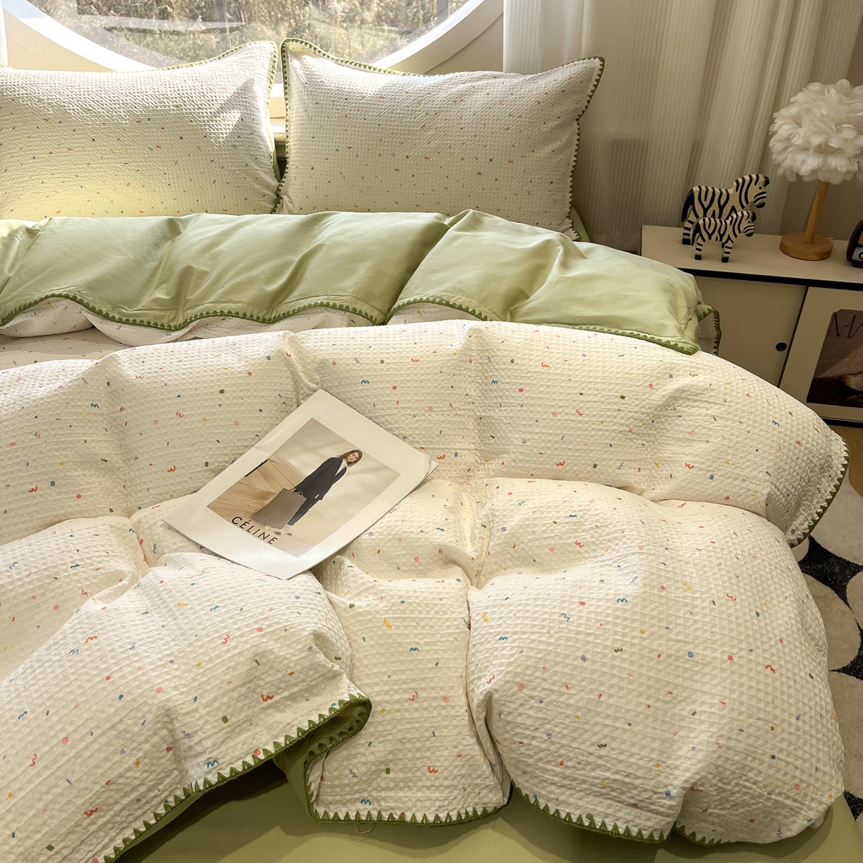 91家纺网 家纺一手货源 找家纺 如一 2026新款全棉华夫格三角针工艺四件套 盛夏-绿