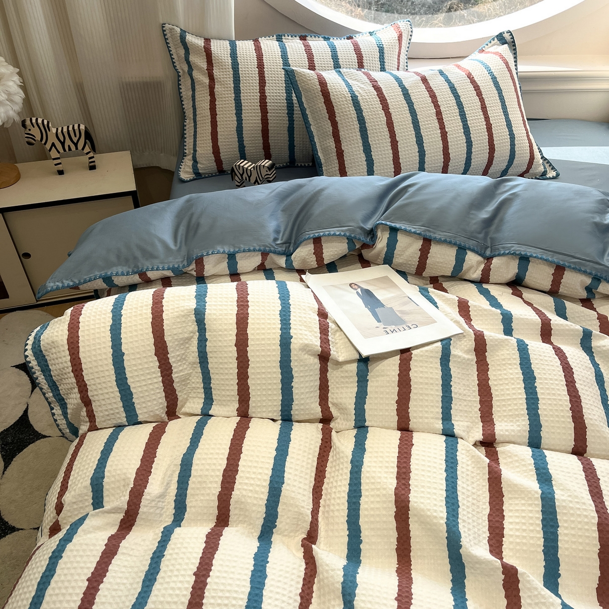 91家纺网 家纺一手货源 找家纺 如一 2026新款全棉华夫格三角针工艺四件套 海盐-蓝