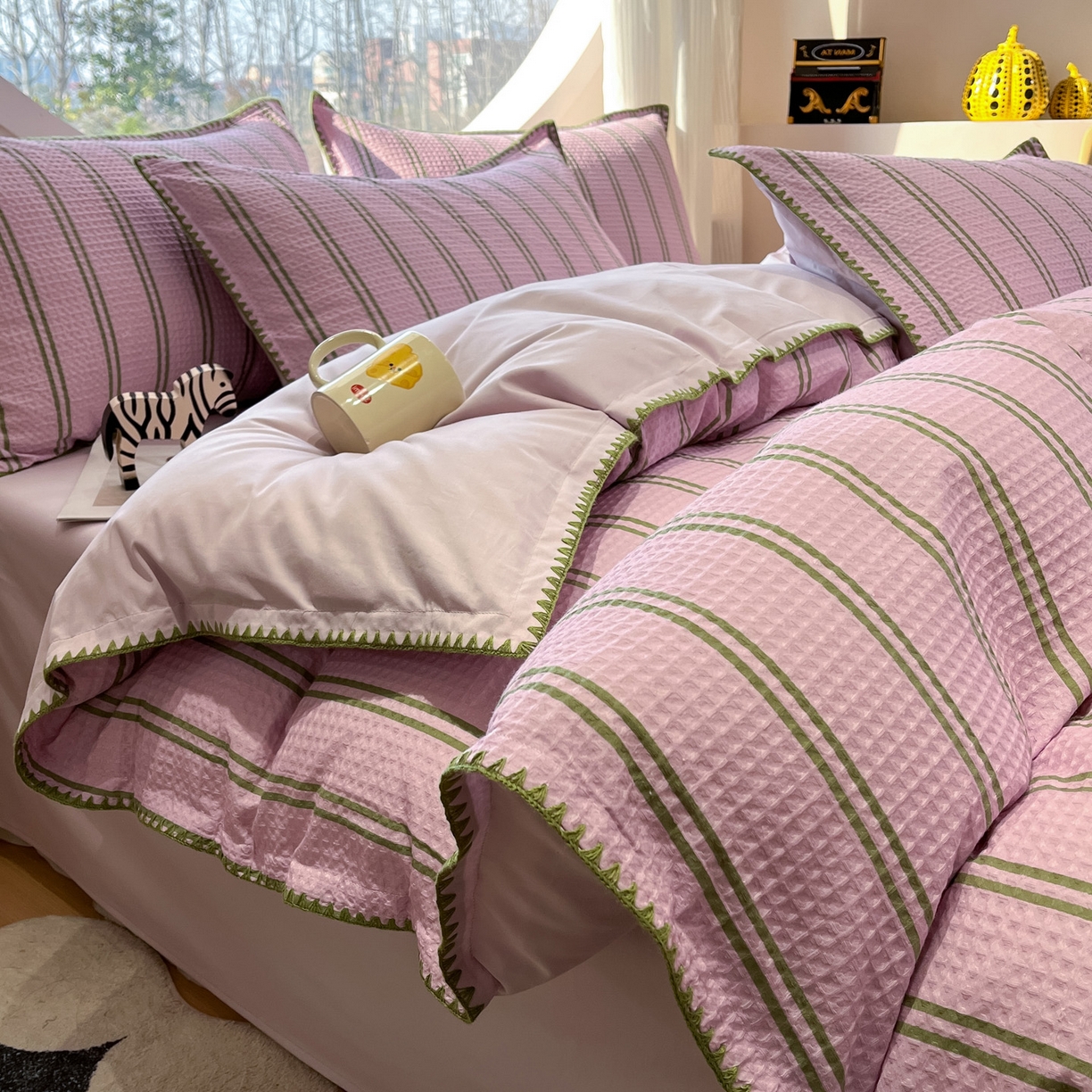 91家纺网 家纺一手货源 找家纺 如一 2026新款全棉华夫格三角针工艺四件套 风月-紫