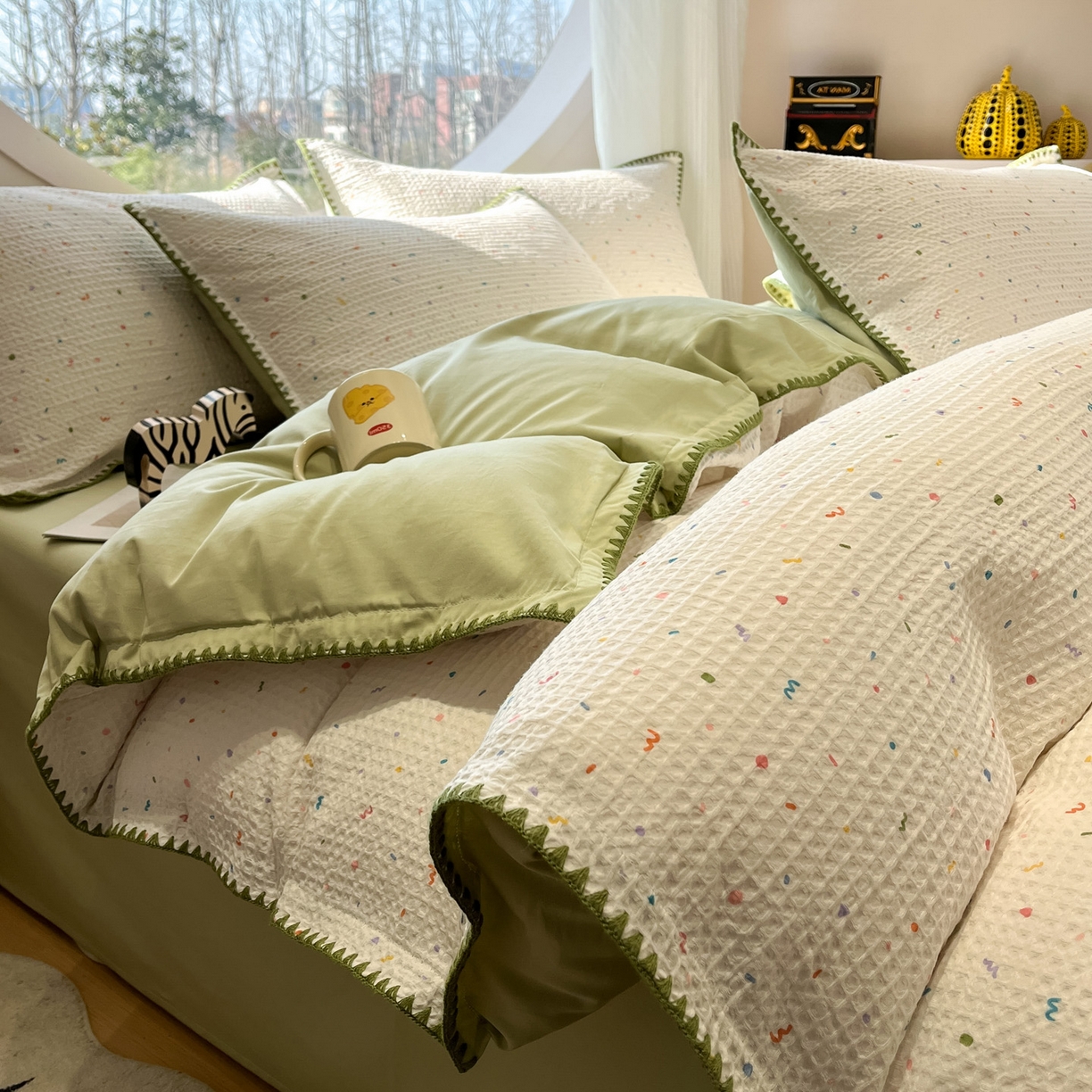 91家纺网 家纺一手货源 找家纺 如一 2026新款全棉华夫格三角针工艺四件套 盛夏-绿