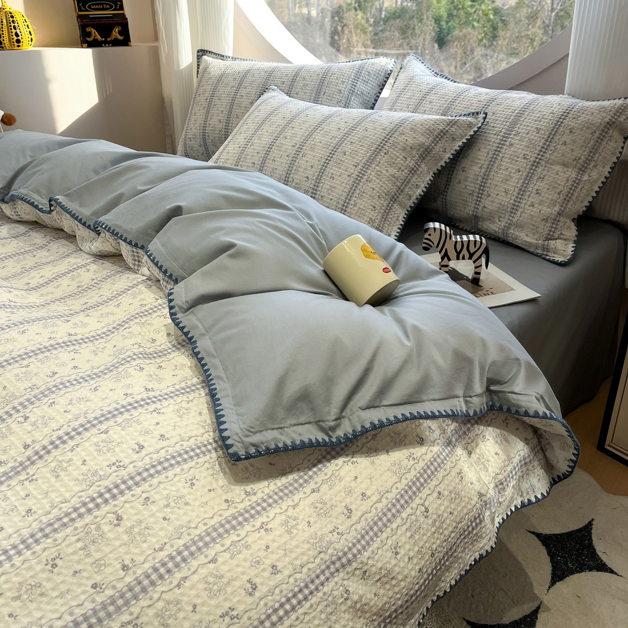 91家纺网 家纺一手货源 找家纺 如一 2026新款全棉华夫格三角针工艺四件套 泡芙-灰