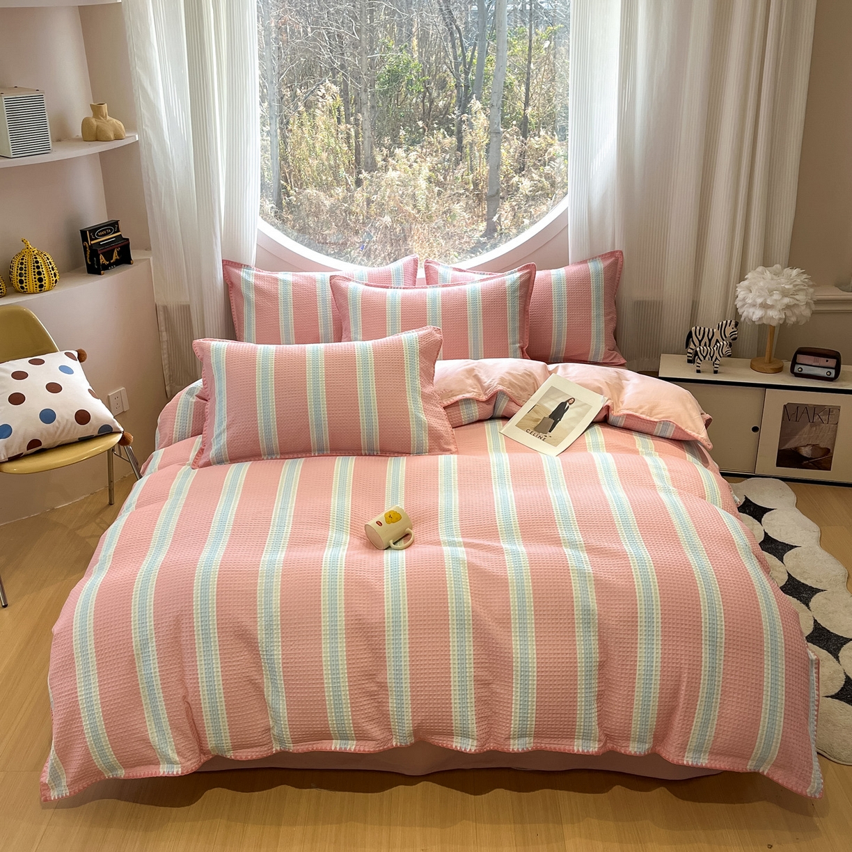 91家纺网 家纺一手货源 找家纺 如一 2026新款全棉华夫格三角针工艺四件套 柔然-粉