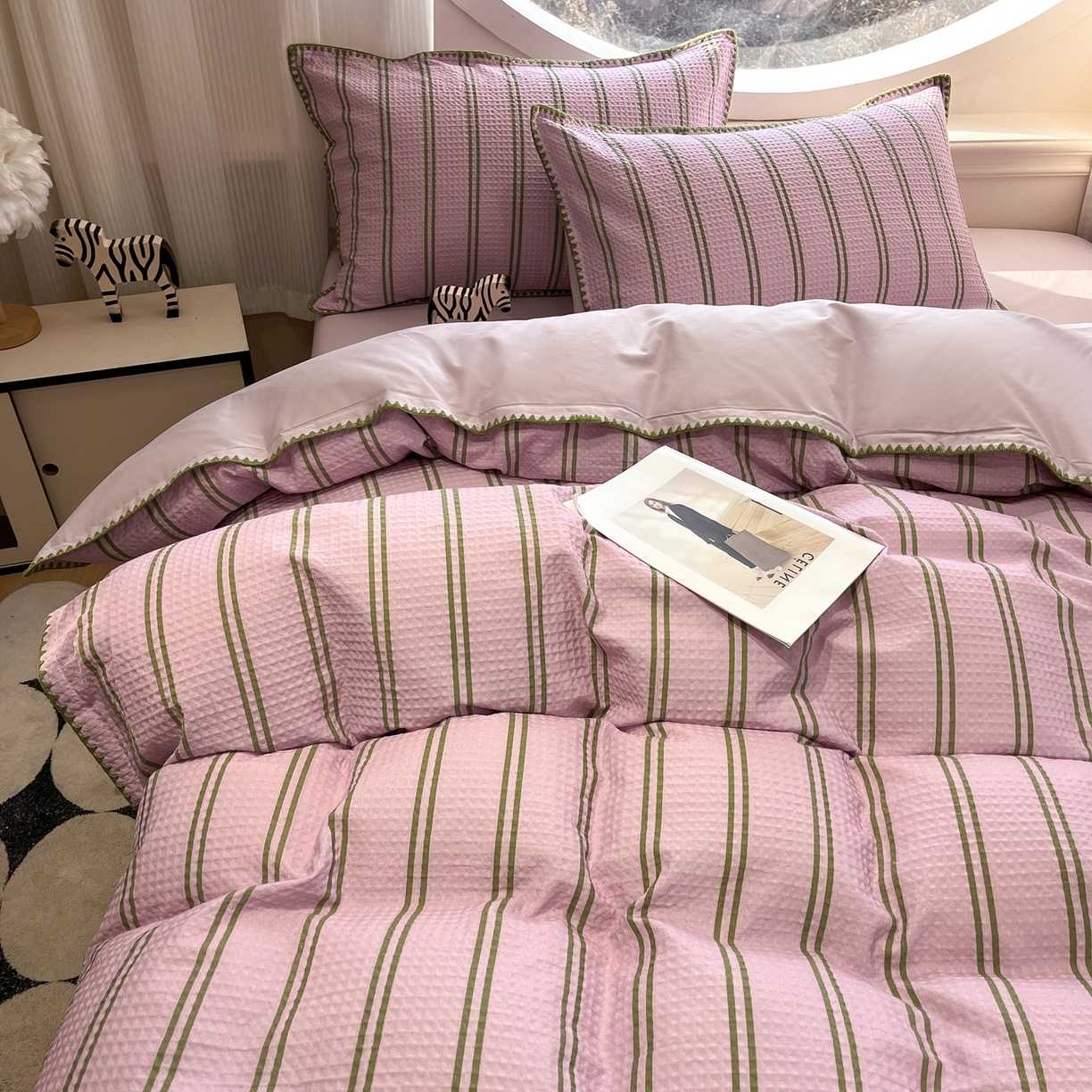 91家纺网 家纺一手货源 找家纺 如一 2026新款全棉华夫格三角针工艺四件套 风月-紫