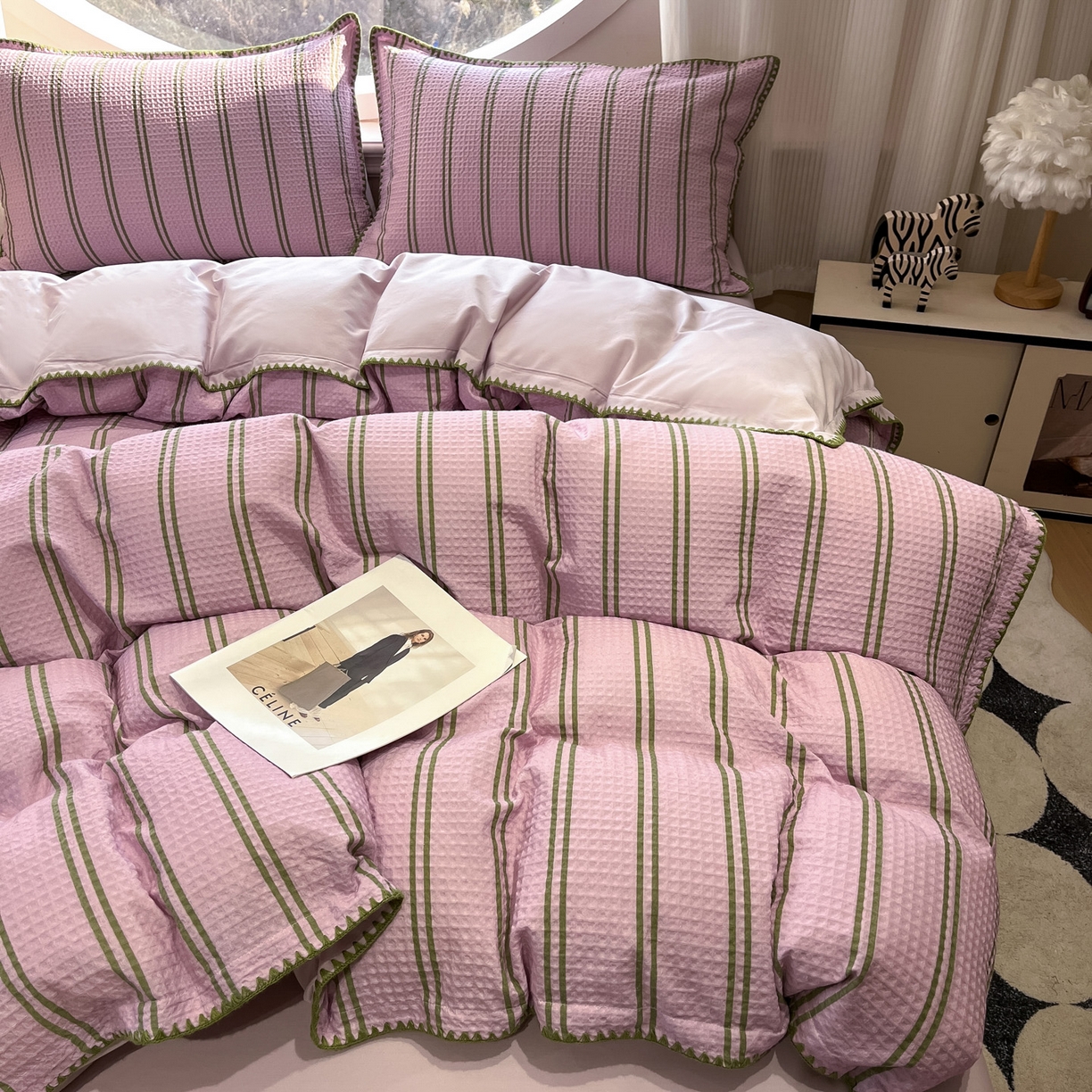 91家纺网 家纺一手货源 找家纺 如一 2026新款全棉华夫格三角针工艺四件套 风月-紫