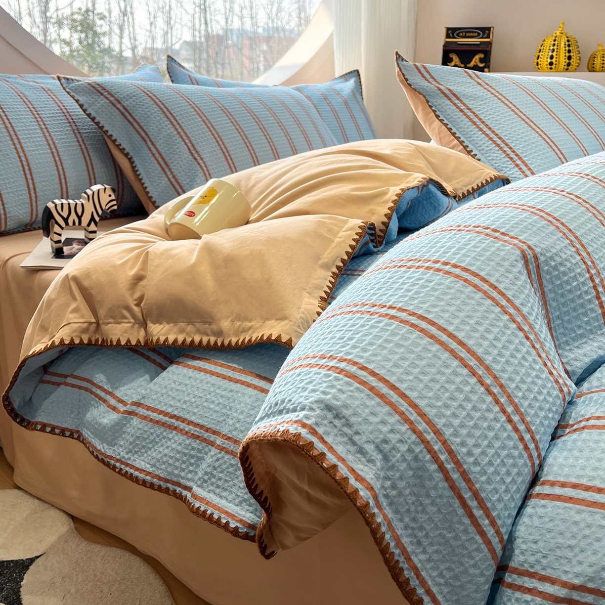 91家纺网 家纺一手货源 找家纺 如一 2026新款全棉华夫格三角针工艺四件套 风月-蓝