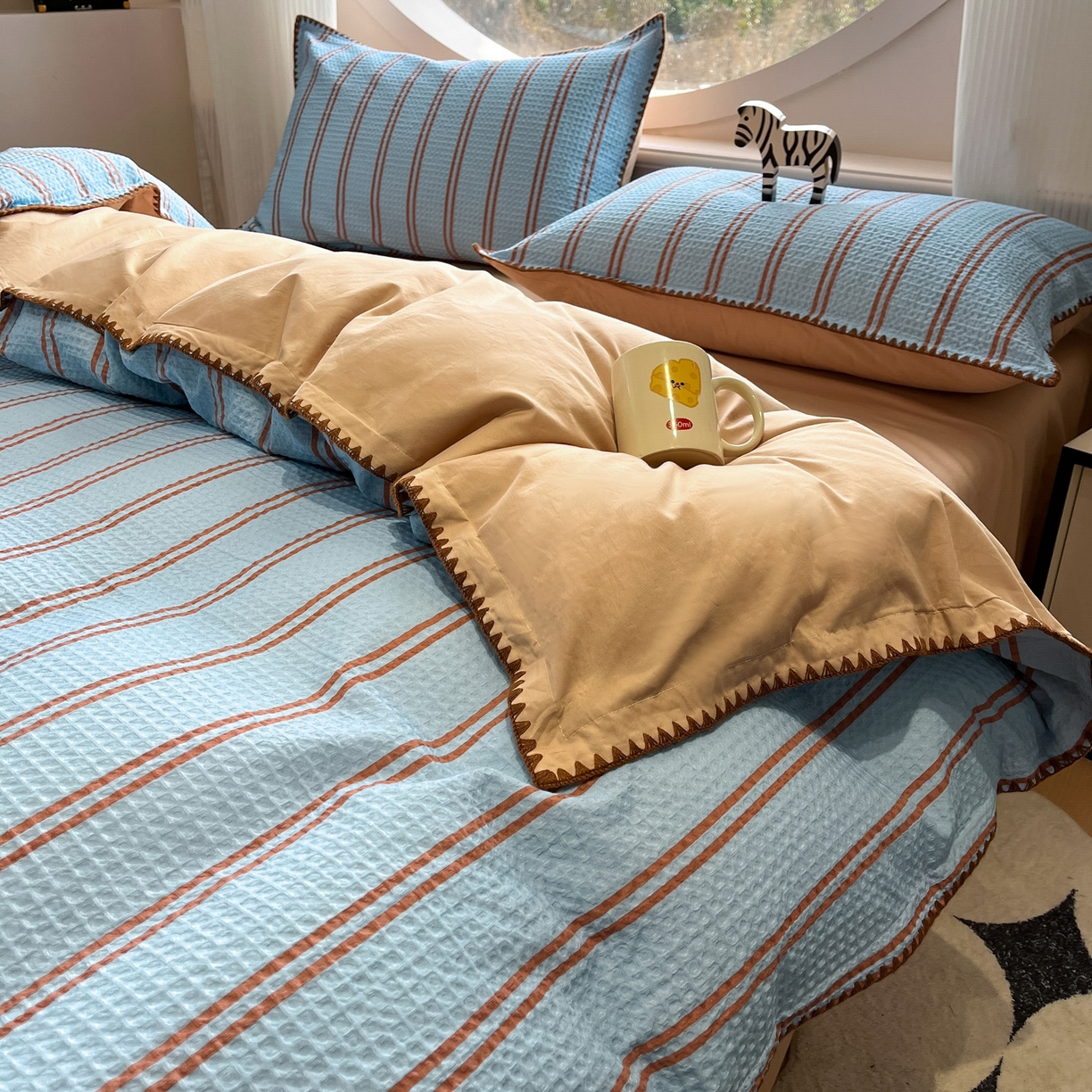 91家纺网 家纺一手货源 找家纺 如一 2026新款全棉华夫格三角针工艺四件套 风月-蓝