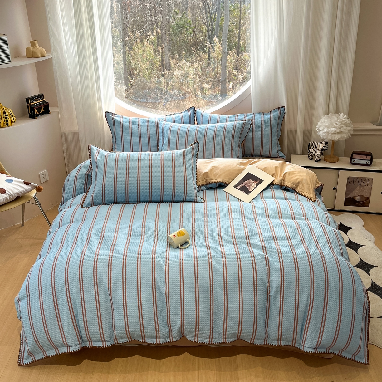 91家纺网 家纺一手货源 找家纺 如一 2026新款全棉华夫格三角针工艺四件套 风月-蓝