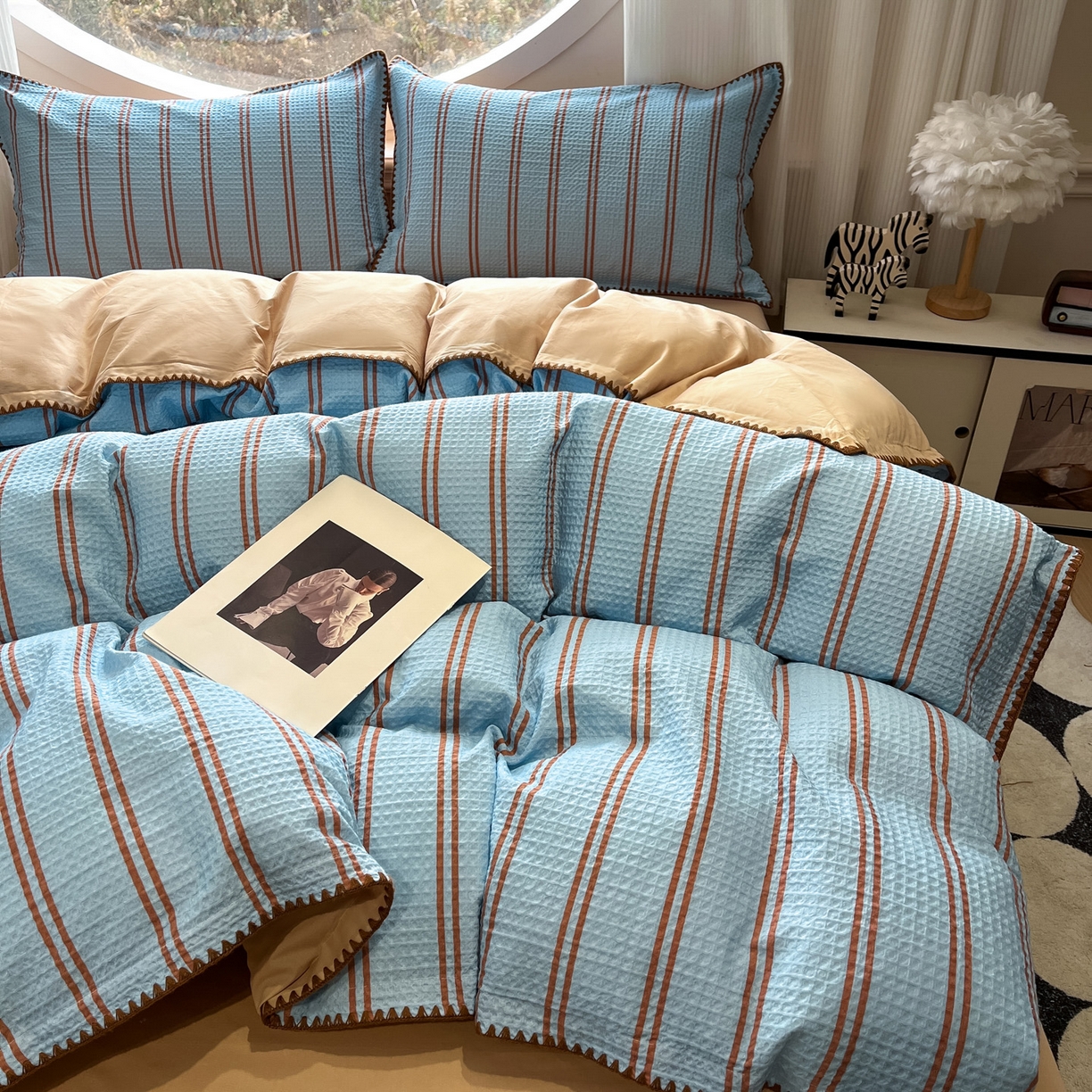 91家纺网 家纺一手货源 找家纺 如一 2026新款全棉华夫格三角针工艺四件套 风月-蓝