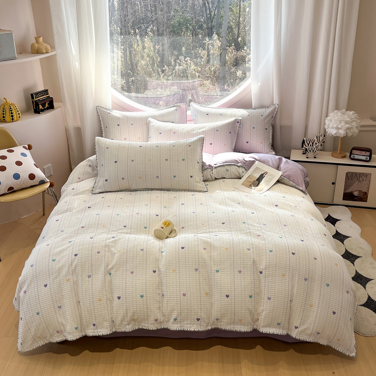 91家纺网 家纺一手货源 找家纺 如一 2026新款全棉华夫格三角针工艺四件套 彩心-紫