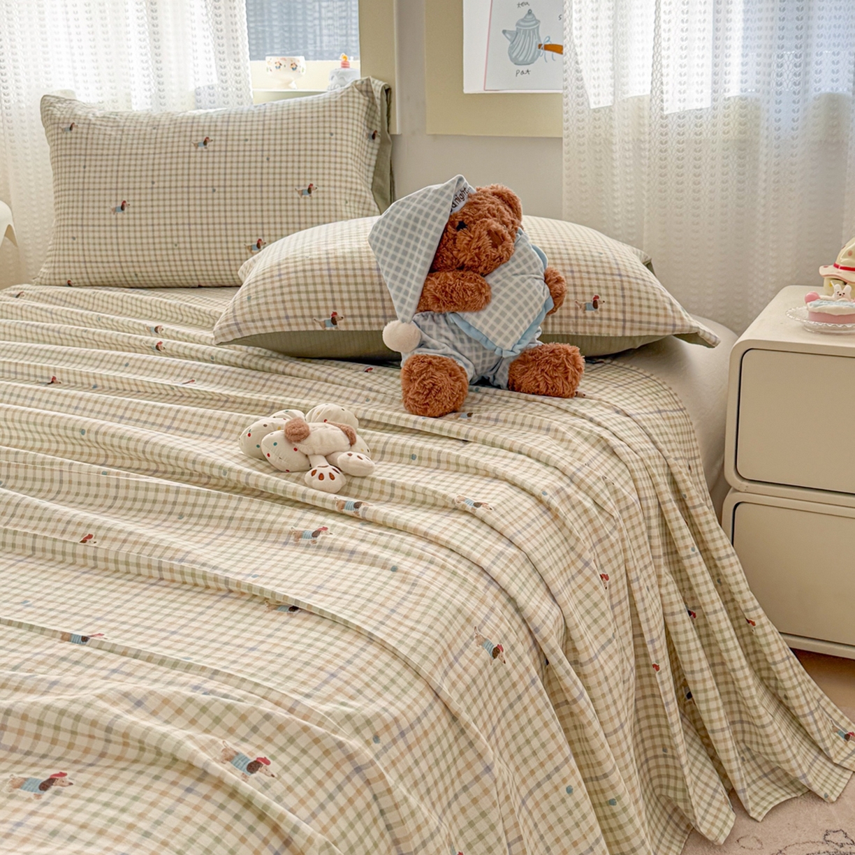 91家纺网 家纺一手货源 找家纺 丽美人家纺 2026新款A类皱皱双层纱印花单床单床单单件 腊肠狗