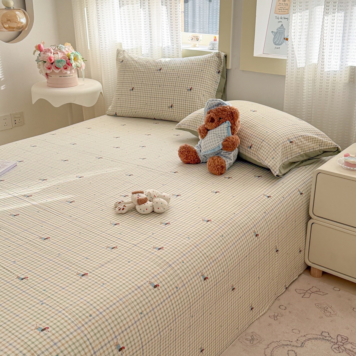 91家纺网 家纺一手货源 找家纺 丽美人家纺 2026新款A类皱皱双层纱印花单床单床单单件 腊肠狗