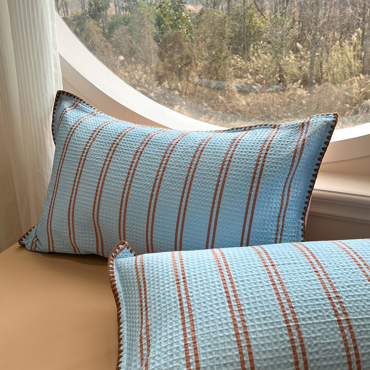 91家纺网 家纺一手货源 找家纺 如一 2026新款全棉华夫格三角针工艺四件套 风月-蓝