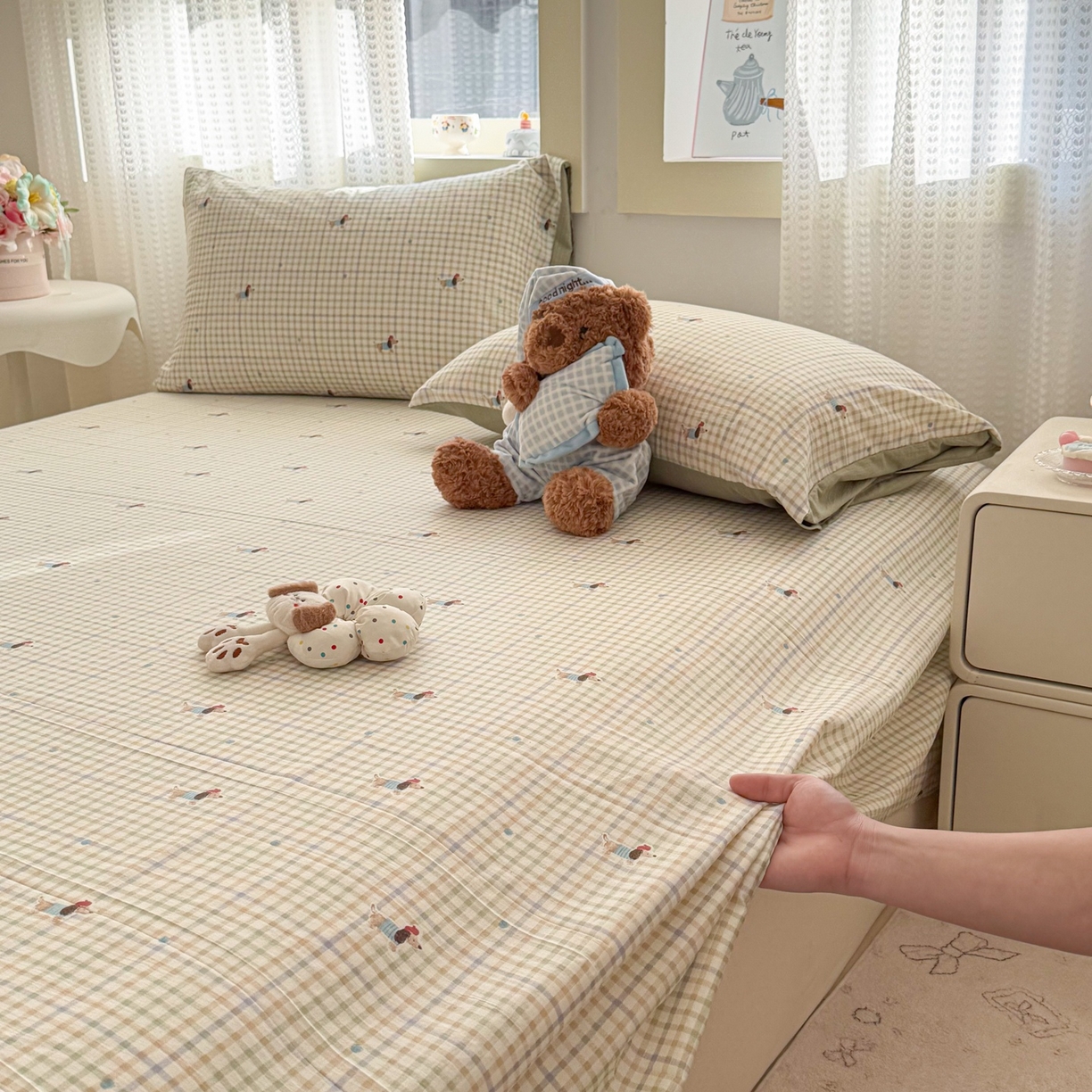 91家纺网 家纺一手货源 找家纺 丽美人家纺 2026新款A类皱皱双层纱印花单床单床单单件 腊肠狗