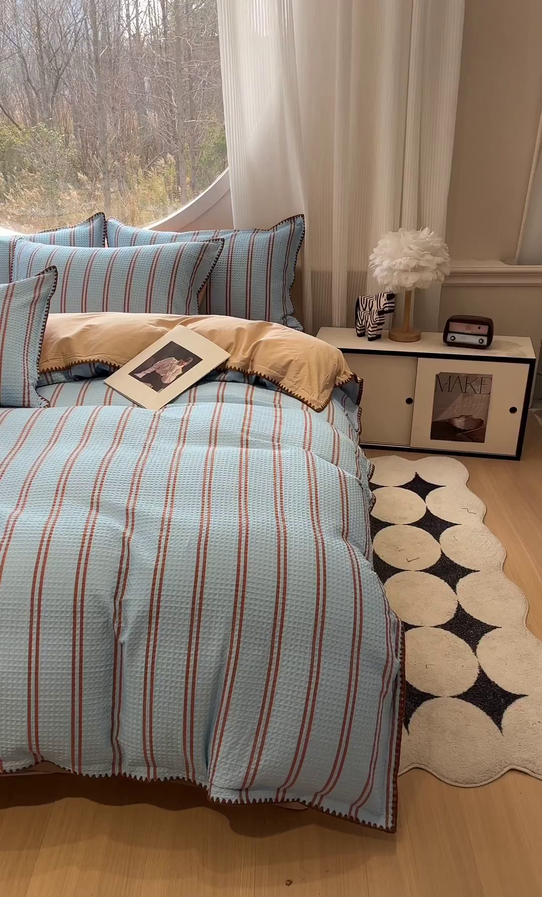 91家纺网 家纺一手货源 找家纺 如一 2026新款全棉华夫格三角针工艺四件套 风月-蓝