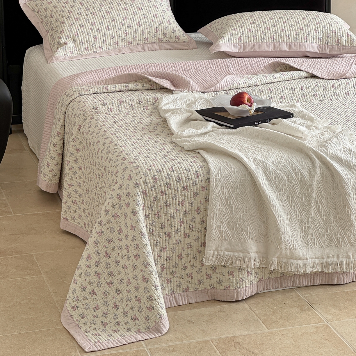 91家纺网 家纺一手货源 找家纺 床盖工厂店 2026春夏新款双面100%全棉填充棉花床盖三件套 恬美（粉）