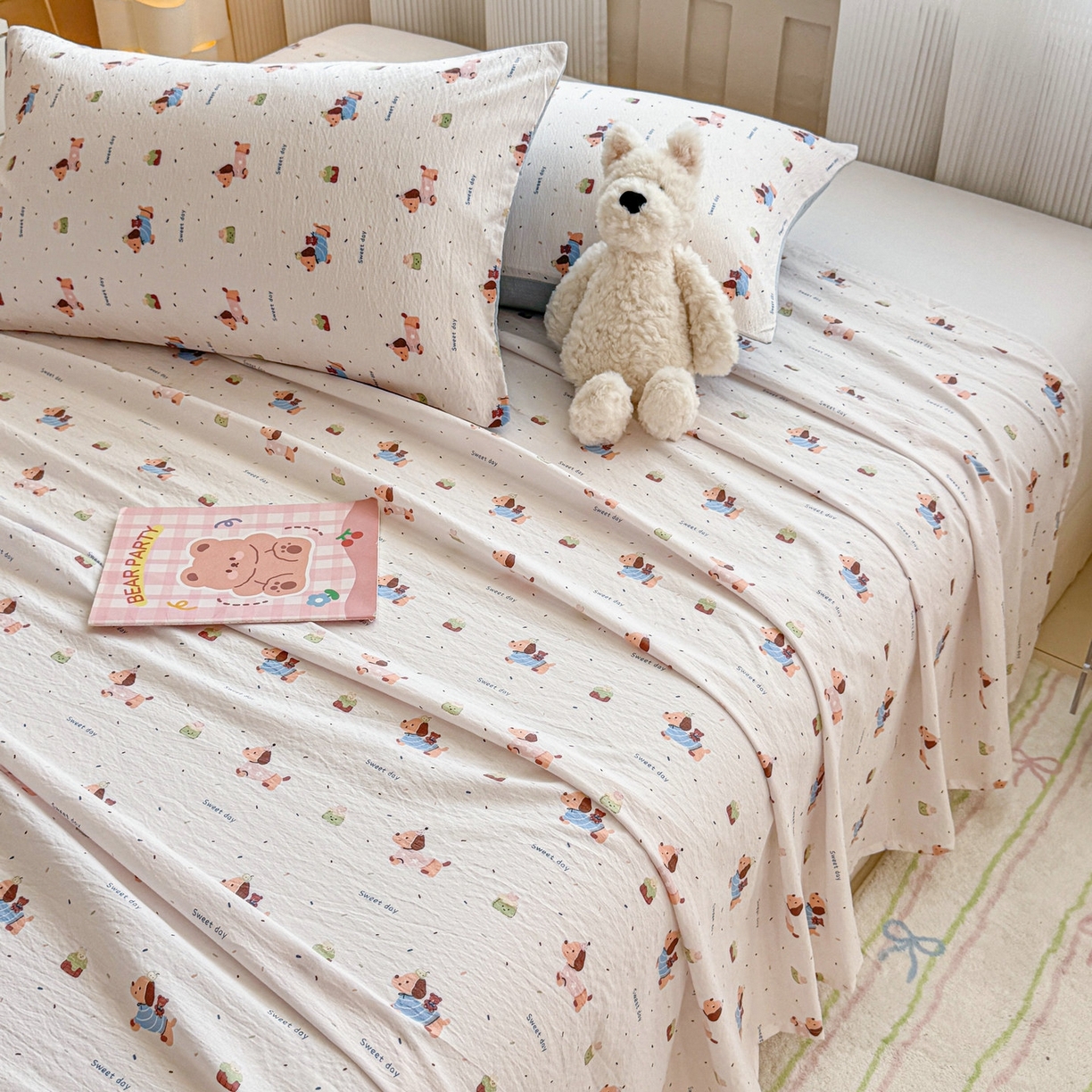 91家纺网 家纺一手货源 找家纺 丽美人家纺 2026新款A类皱皱双层纱印花单床单床单单件 洛洛小狗