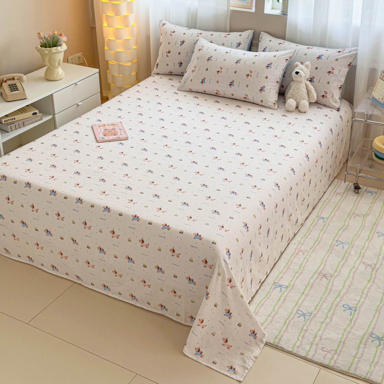 91家纺网 家纺一手货源 找家纺 丽美人家纺 2026新款A类皱皱双层纱印花单床单床单单件 洛洛小狗