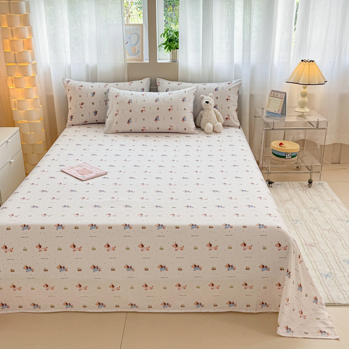 91家纺网 家纺一手货源 找家纺 丽美人家纺 2026新款A类皱皱双层纱印花单床单床单单件 洛洛小狗