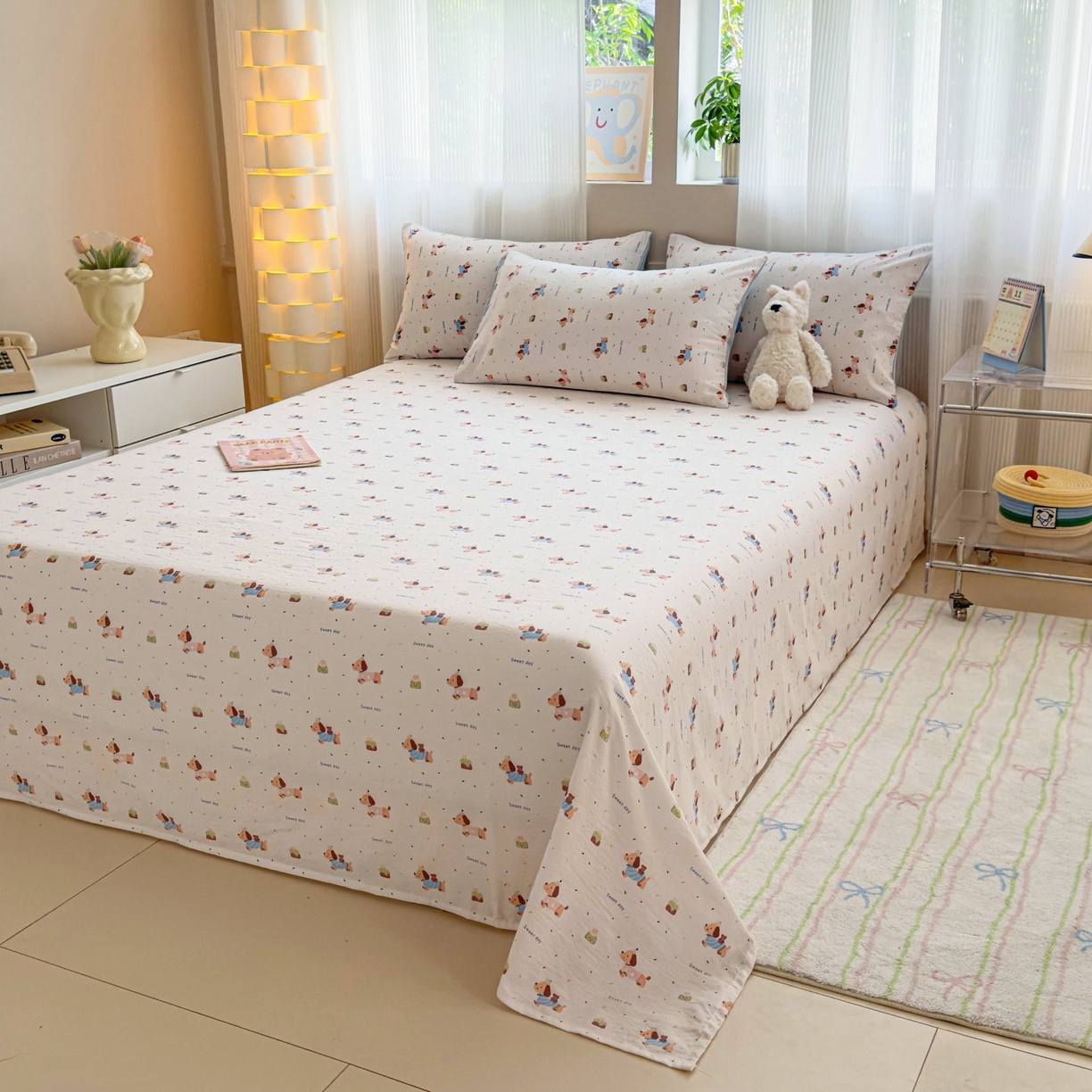 91家纺网 家纺一手货源 找家纺 丽美人家纺 2026新款A类皱皱双层纱印花单床单床单单件 洛洛小狗