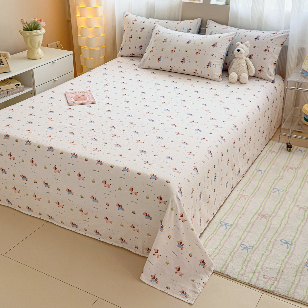 91家纺网 家纺一手货源 找家纺 丽美人家纺 2026新款A类皱皱双层纱印花单床单床单单件 洛洛小狗