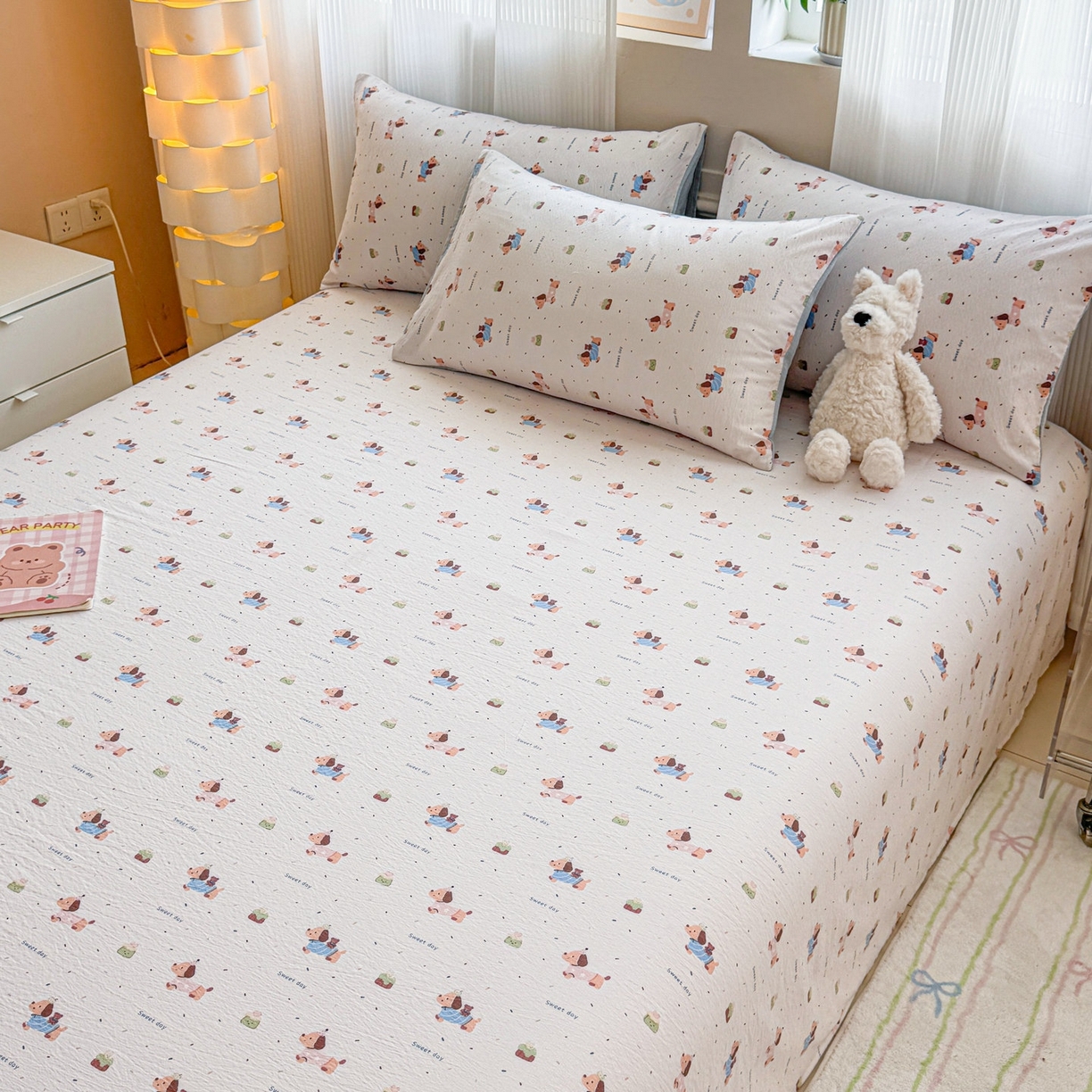 91家纺网 家纺一手货源 找家纺 丽美人家纺 2026新款A类皱皱双层纱印花单床单床单单件 洛洛小狗