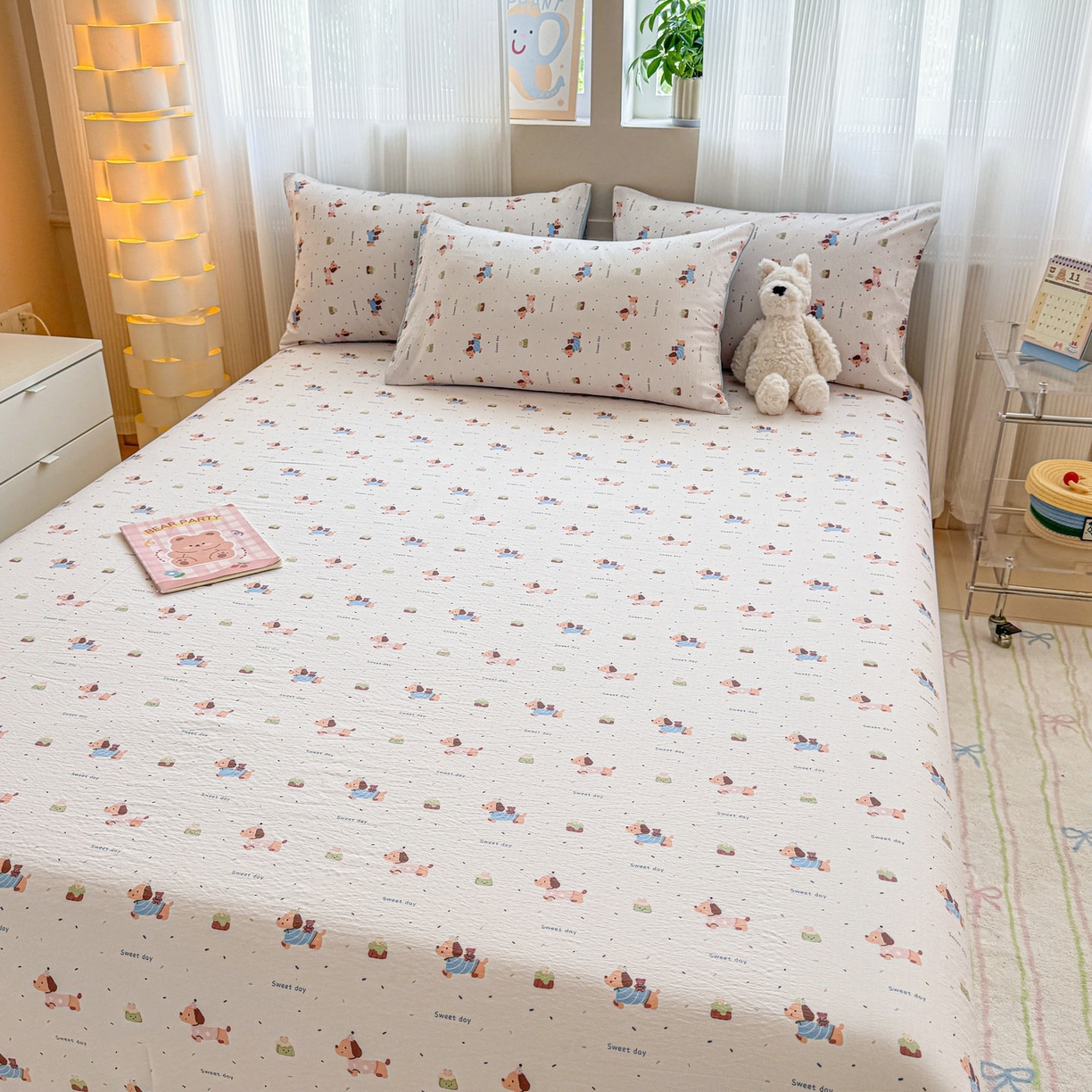 91家纺网 家纺一手货源 找家纺 丽美人家纺 2026新款A类皱皱双层纱印花单床单床单单件 洛洛小狗