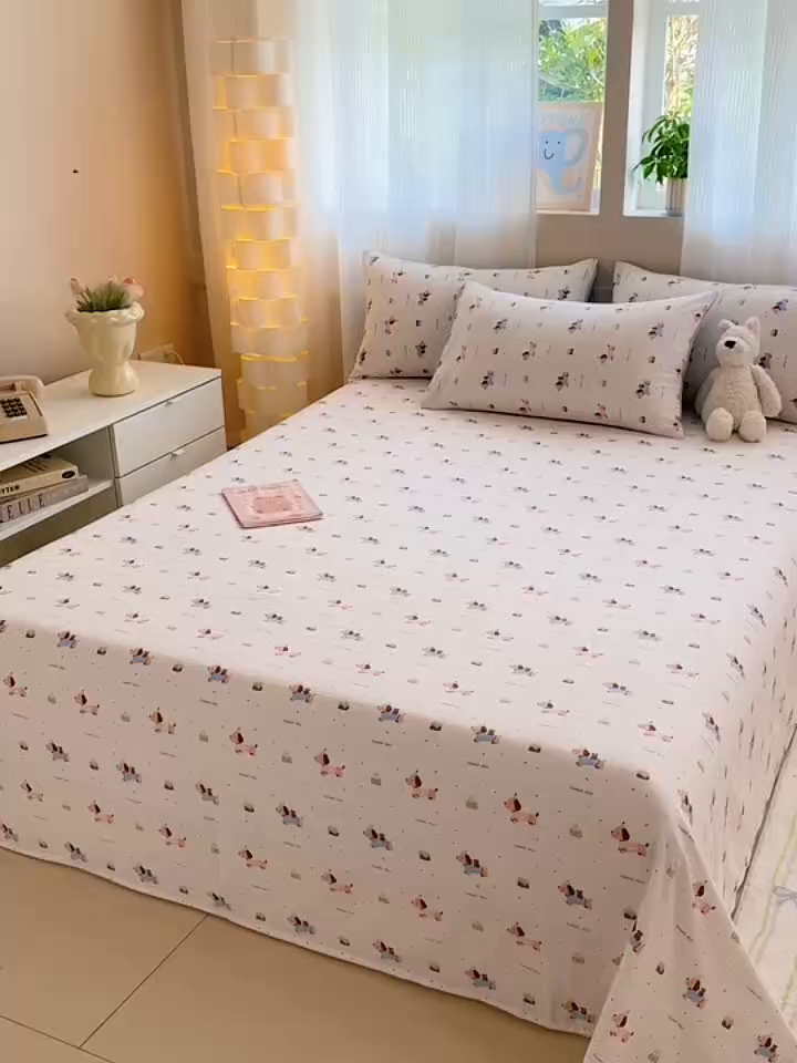 91家纺网 家纺一手货源 找家纺 丽美人家纺 2026新款A类皱皱双层纱印花单床单床单单件 洛洛小狗