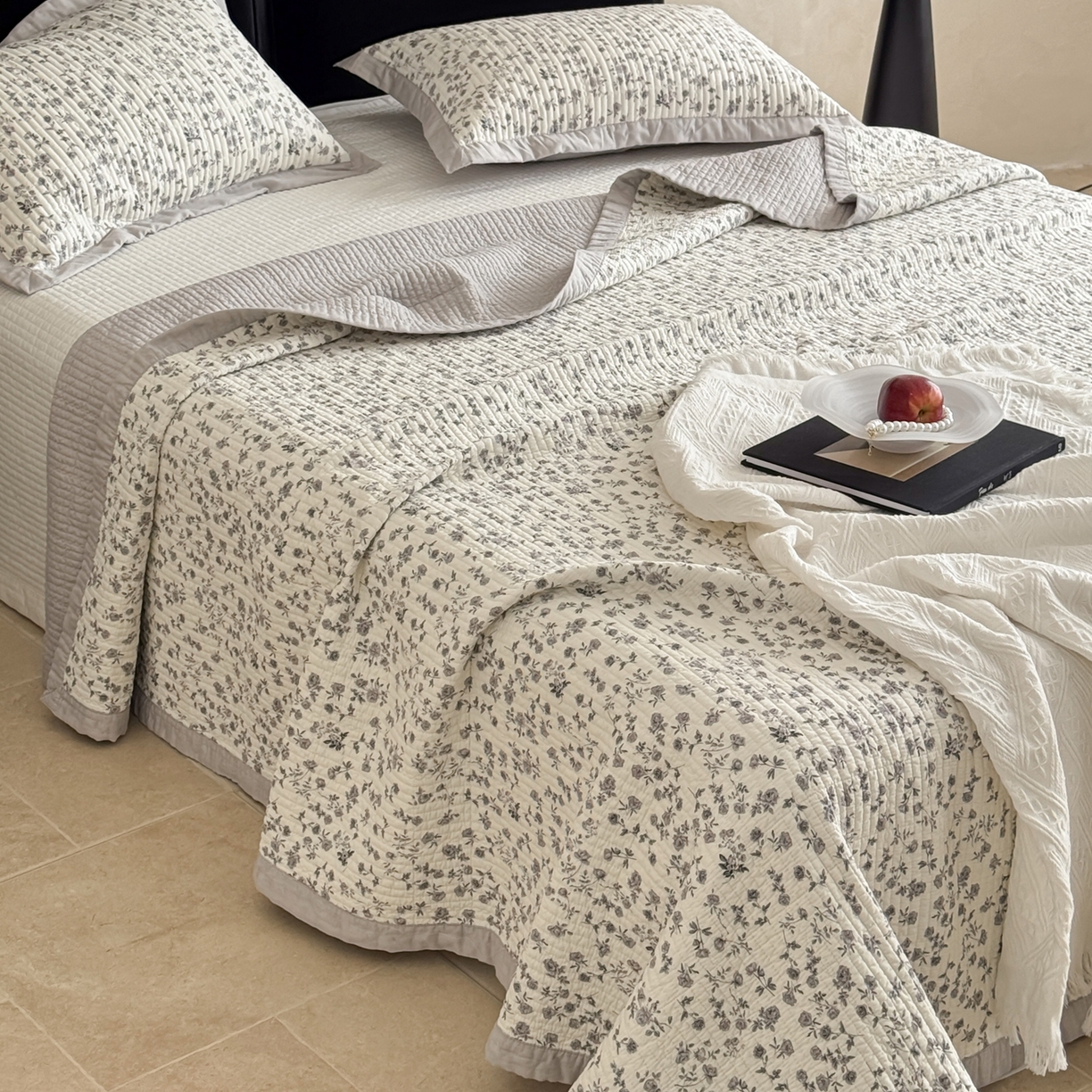 床盖工厂店 2026春夏新款双面100%全棉填充棉花床盖三件套 晚烟