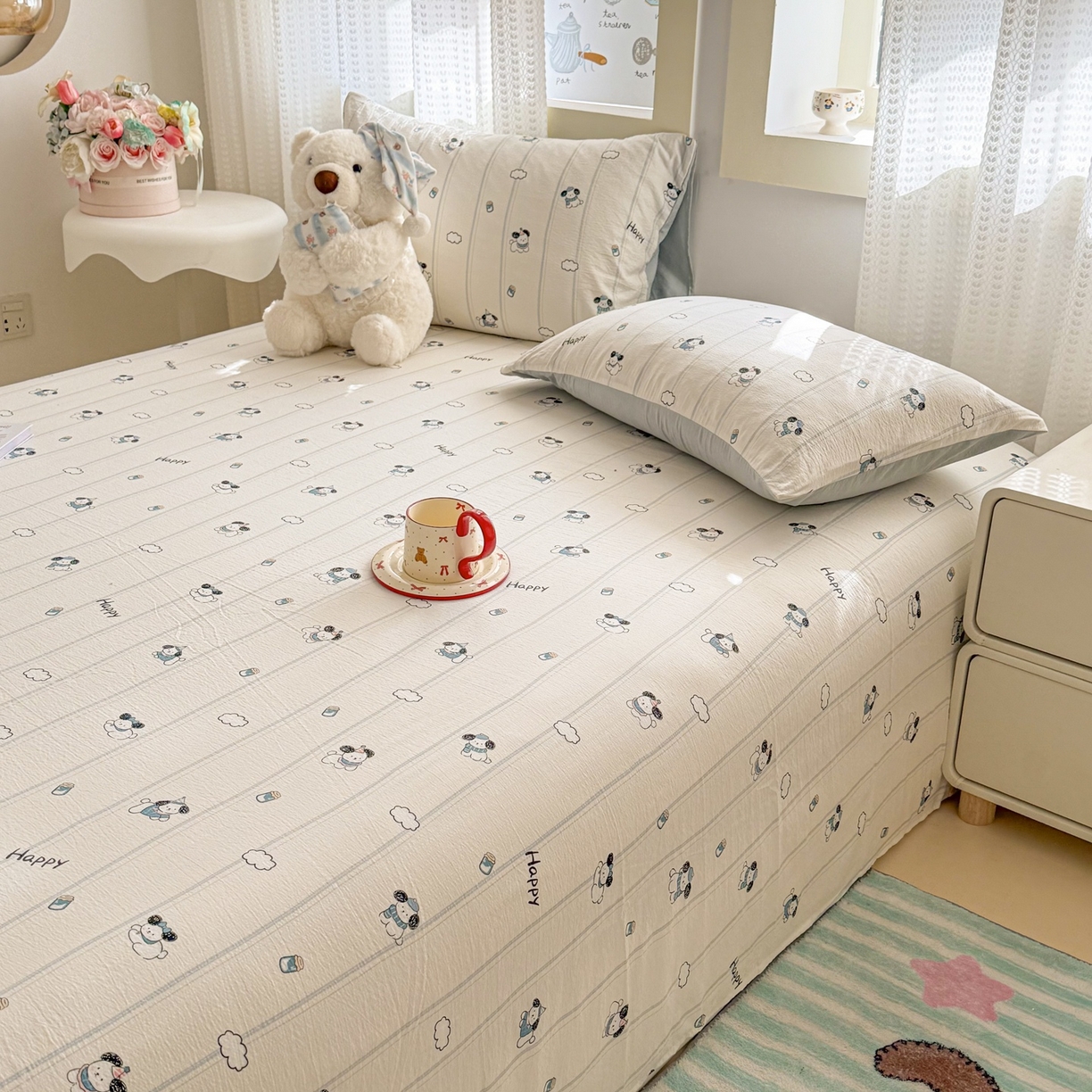 91家纺网 家纺一手货源 找家纺 丽美人家纺 2026新款A类皱皱双层纱印花单床单床单单件 萌犬乐园