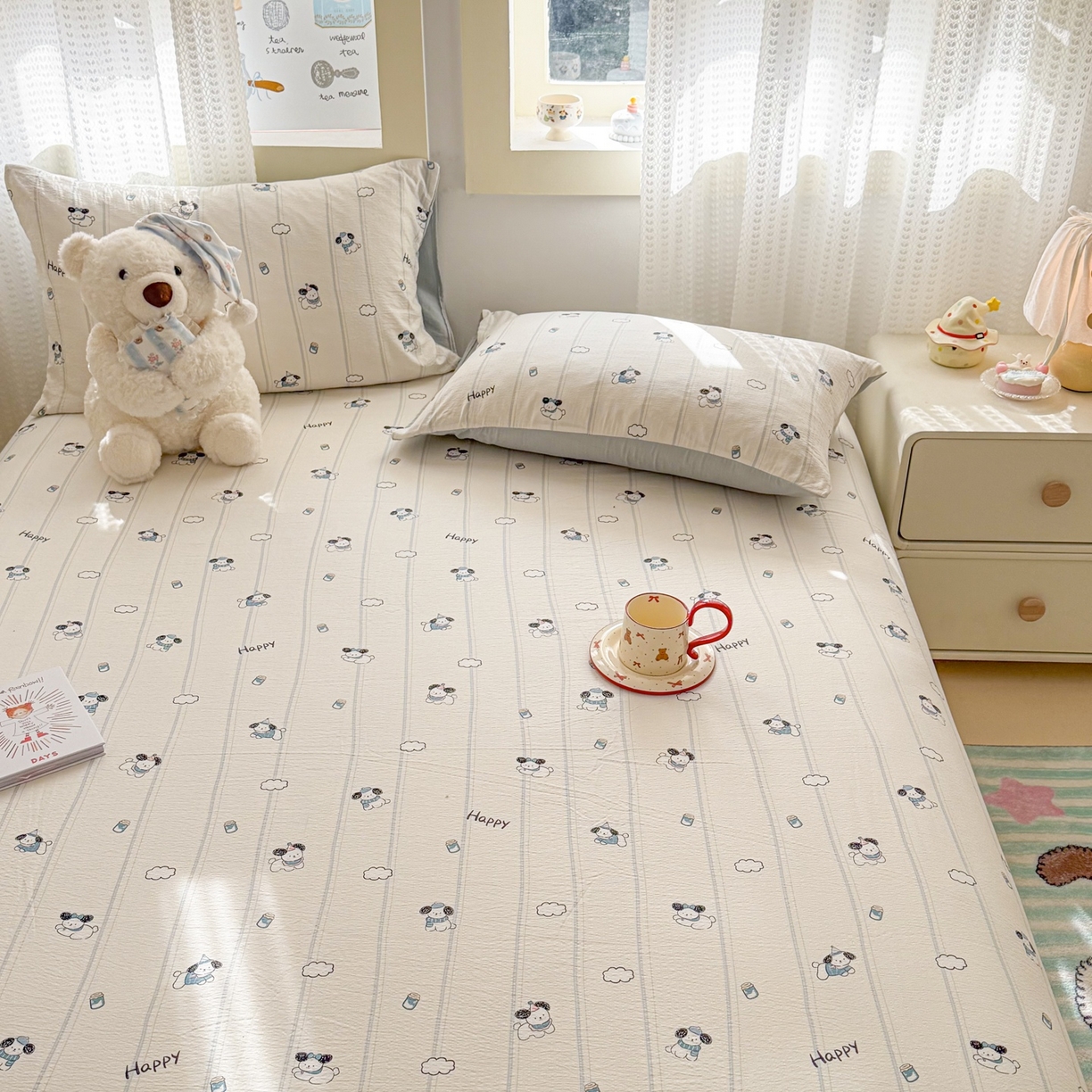 91家纺网 家纺一手货源 找家纺 丽美人家纺 2026新款A类皱皱双层纱印花单床单床单单件 萌犬乐园