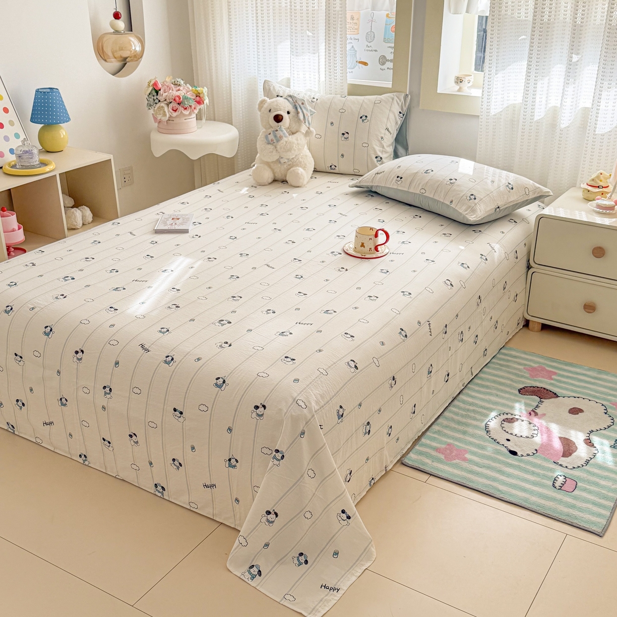 91家纺网 家纺一手货源 找家纺 丽美人家纺 2026新款A类皱皱双层纱印花单床单床单单件 萌犬乐园