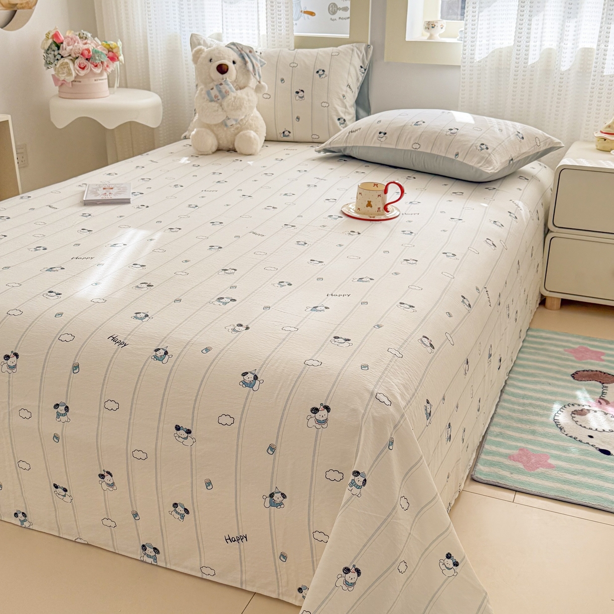 91家纺网 家纺一手货源 找家纺 丽美人家纺 2026新款A类皱皱双层纱印花单床单床单单件 萌犬乐园