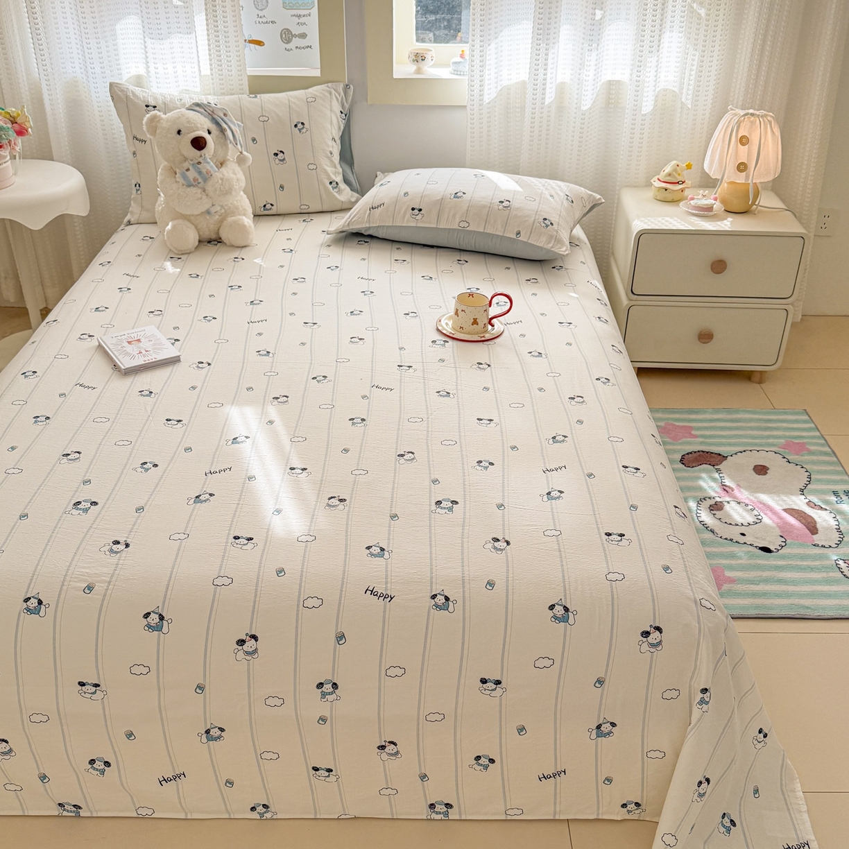 91家纺网 家纺一手货源 找家纺 丽美人家纺 2026新款A类皱皱双层纱印花单床单床单单件 萌犬乐园