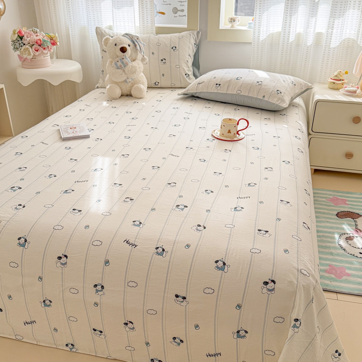 91家纺网 家纺一手货源 找家纺 丽美人家纺 2026新款A类皱皱双层纱印花单床单床单单件 萌犬乐园