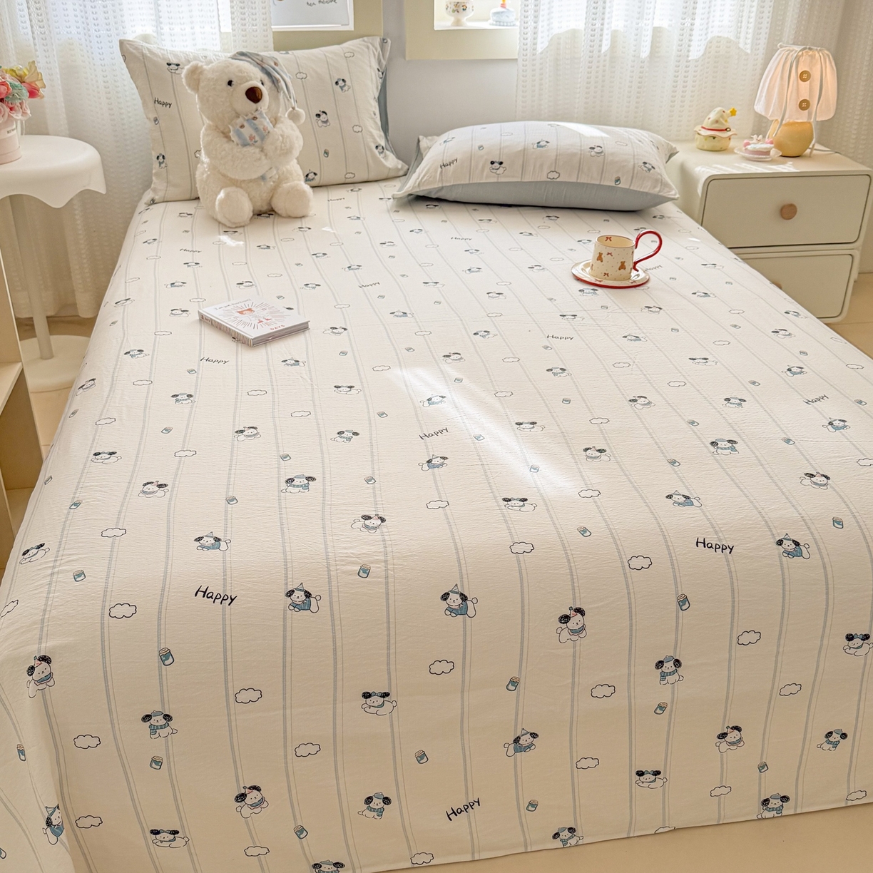 91家纺网 家纺一手货源 找家纺 丽美人家纺 2026新款A类皱皱双层纱印花单床单床单单件 萌犬乐园