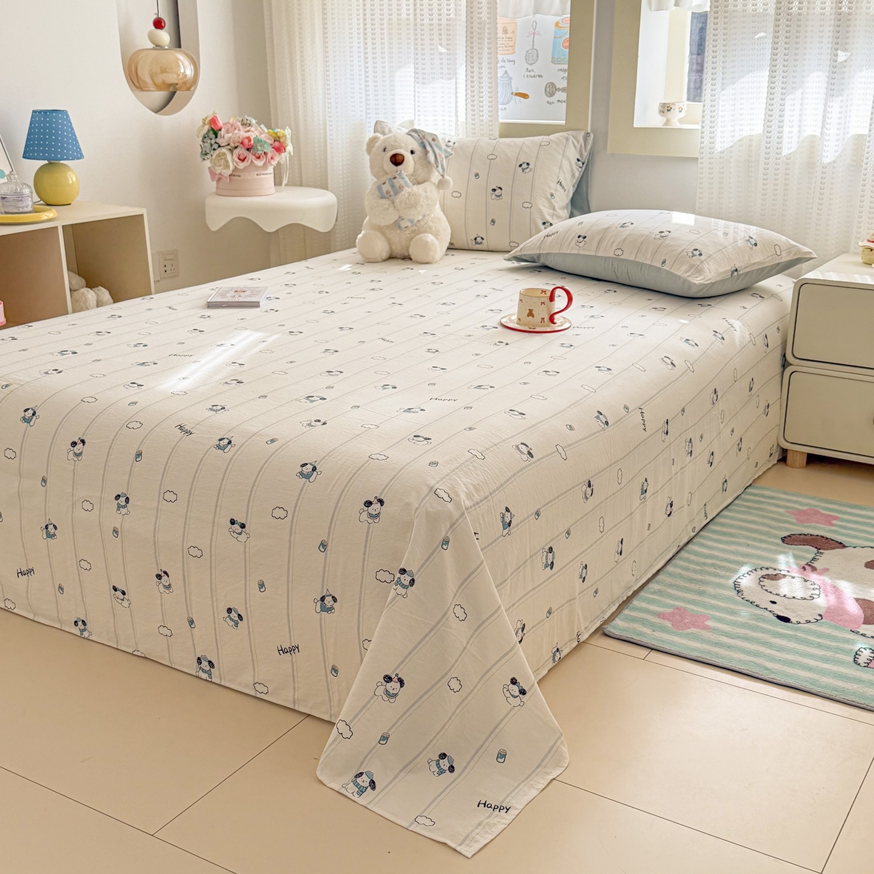 91家纺网 家纺一手货源 找家纺 丽美人家纺 2026新款A类皱皱双层纱印花单床单床单单件 萌犬乐园