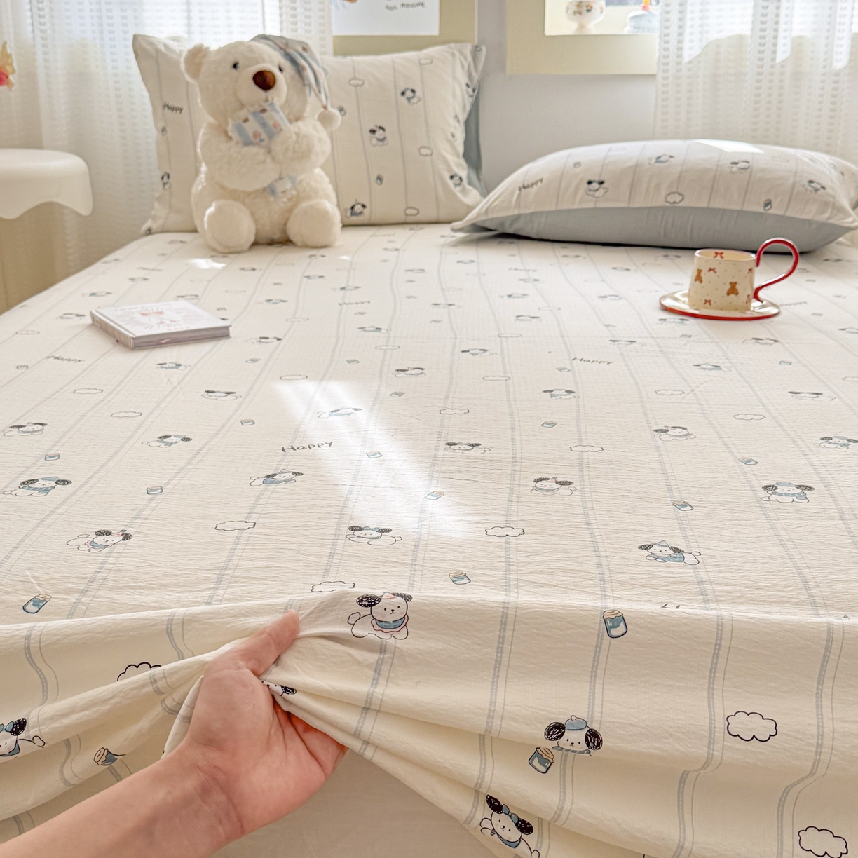 91家纺网 家纺一手货源 找家纺 丽美人家纺 2026新款A类皱皱双层纱印花单床单床单单件 萌犬乐园