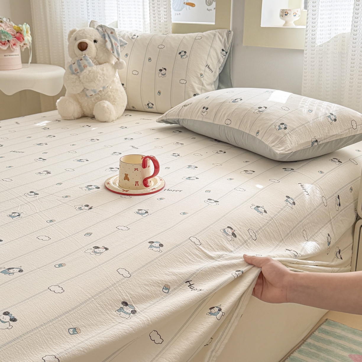 91家纺网 家纺一手货源 找家纺 丽美人家纺 2026新款A类皱皱双层纱印花单床单床单单件 萌犬乐园