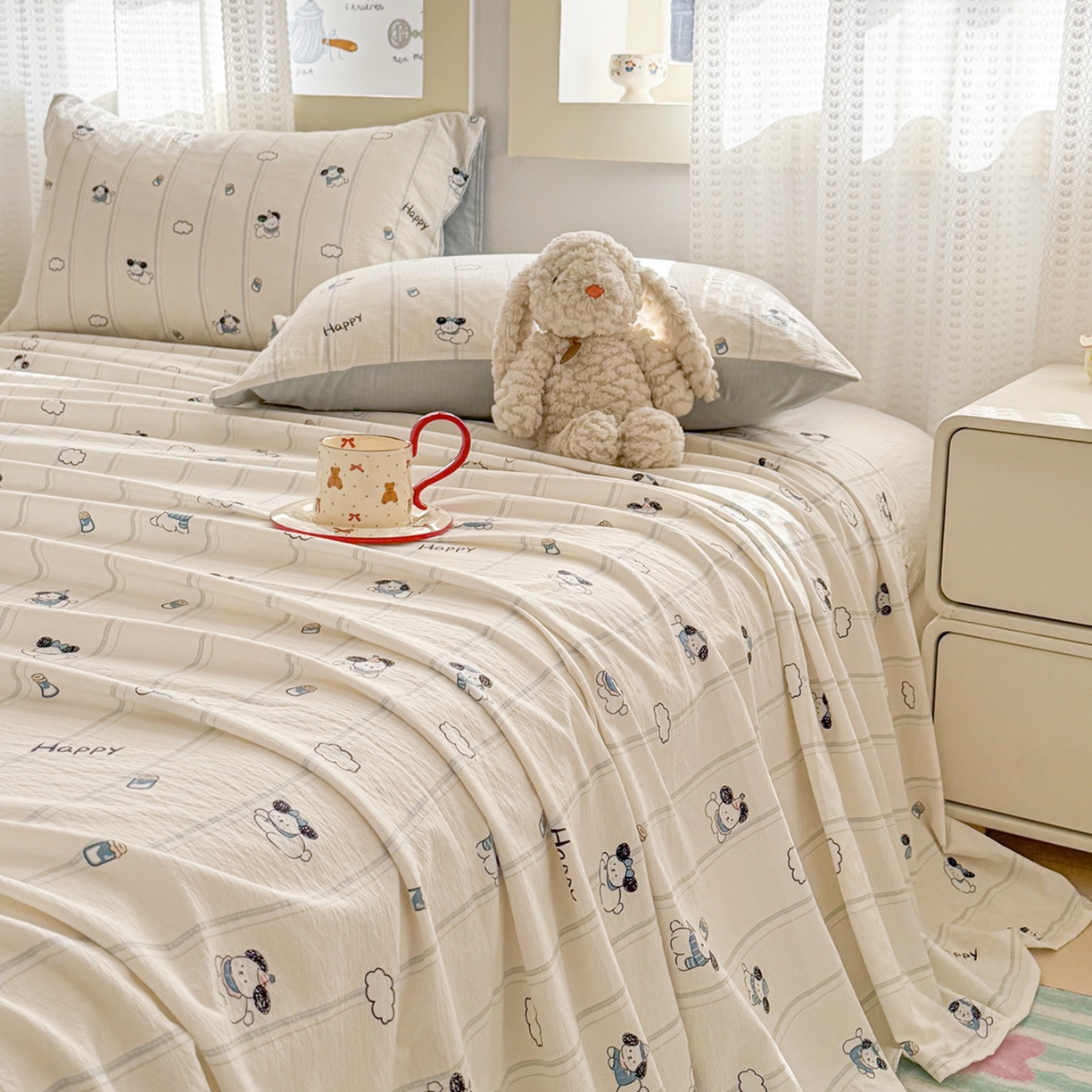 91家纺网 家纺一手货源 找家纺 丽美人家纺 2026新款A类皱皱双层纱印花单床单床单单件 萌犬乐园