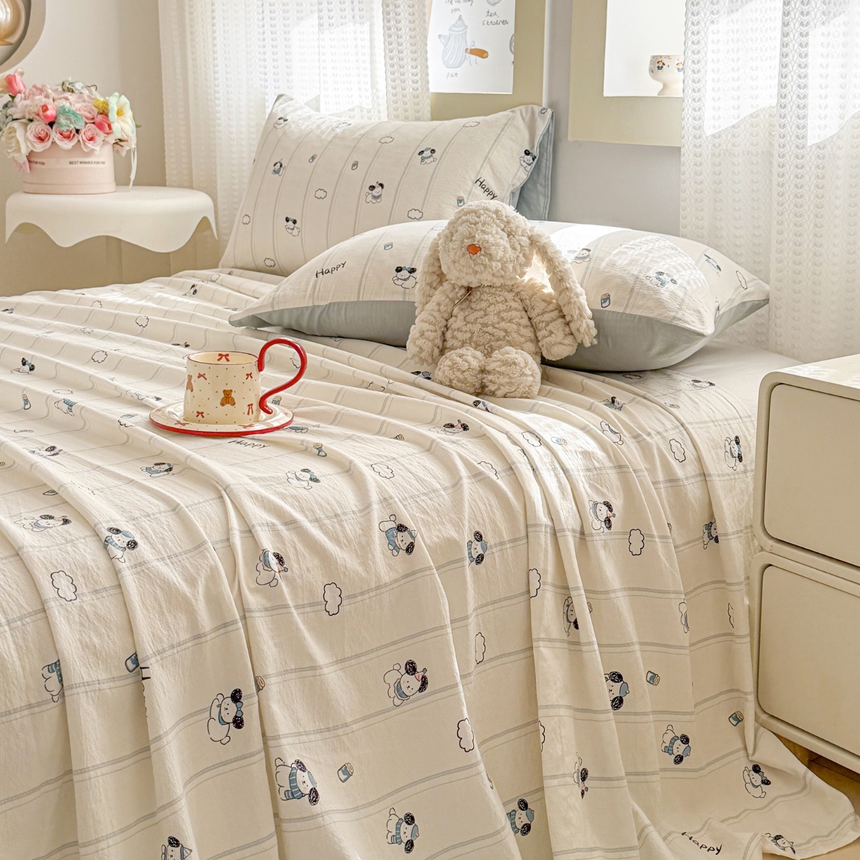 91家纺网 家纺一手货源 找家纺 丽美人家纺 2026新款A类皱皱双层纱印花单床单床单单件 萌犬乐园