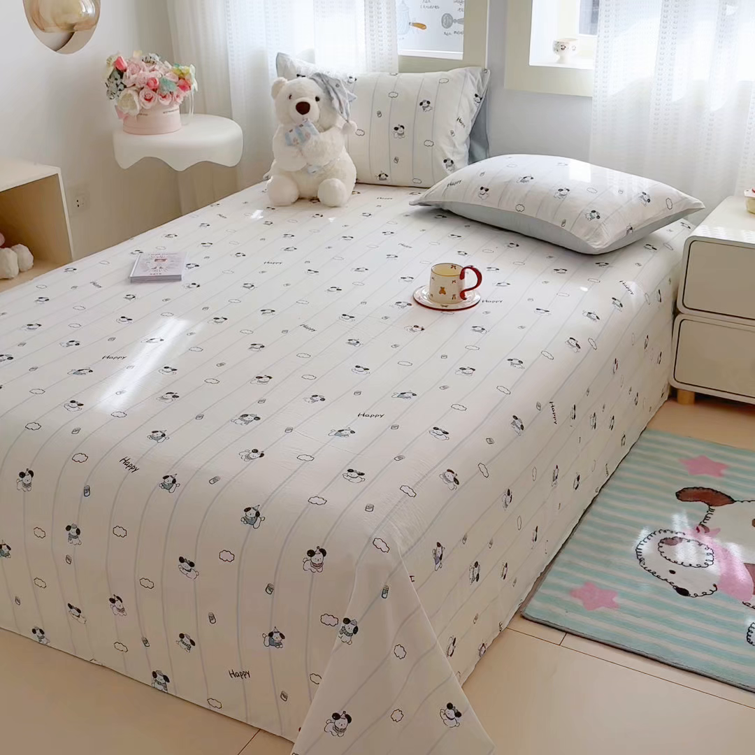 91家纺网 家纺一手货源 找家纺 丽美人家纺 2026新款A类皱皱双层纱印花单床单床单单件 萌犬乐园