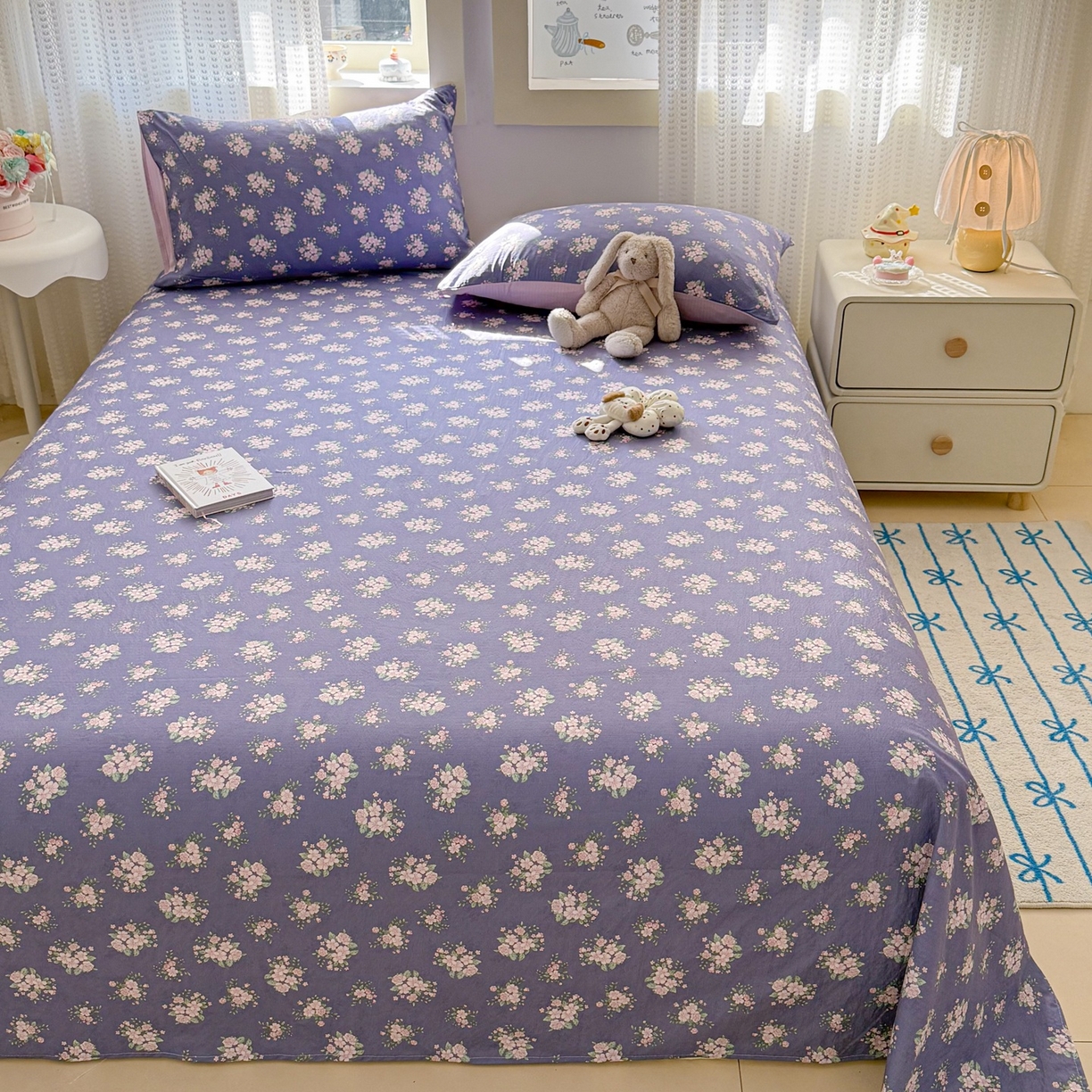 91家纺网 家纺一手货源 找家纺 丽美人家纺 2026新款A类皱皱双层纱印花单床单床单单件 浅紫花绒