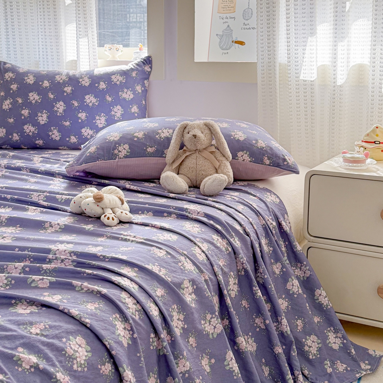 91家纺网 家纺一手货源 找家纺 丽美人家纺 2026新款A类皱皱双层纱印花单床单床单单件 浅紫花绒