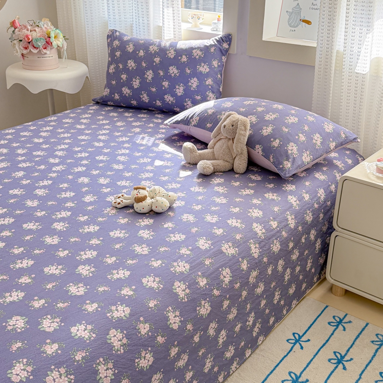 91家纺网 家纺一手货源 找家纺 丽美人家纺 2026新款A类皱皱双层纱印花单床单床单单件 浅紫花绒