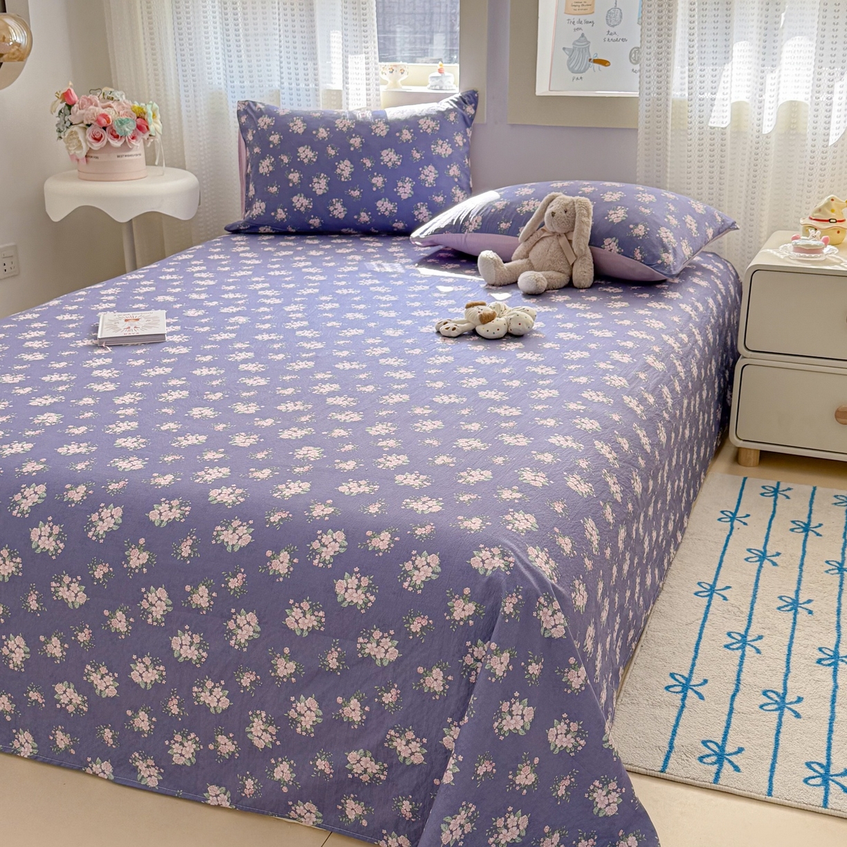 91家纺网 家纺一手货源 找家纺 丽美人家纺 2026新款A类皱皱双层纱印花单床单床单单件 浅紫花绒