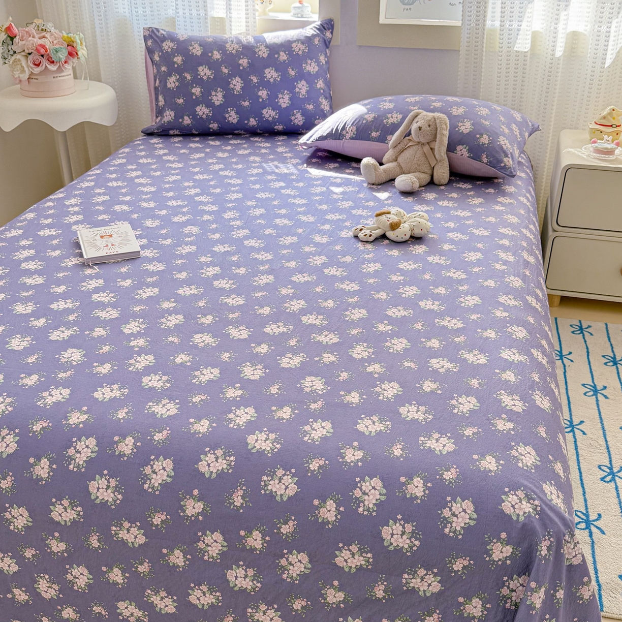 91家纺网 家纺一手货源 找家纺 丽美人家纺 2026新款A类皱皱双层纱印花单床单床单单件 浅紫花绒
